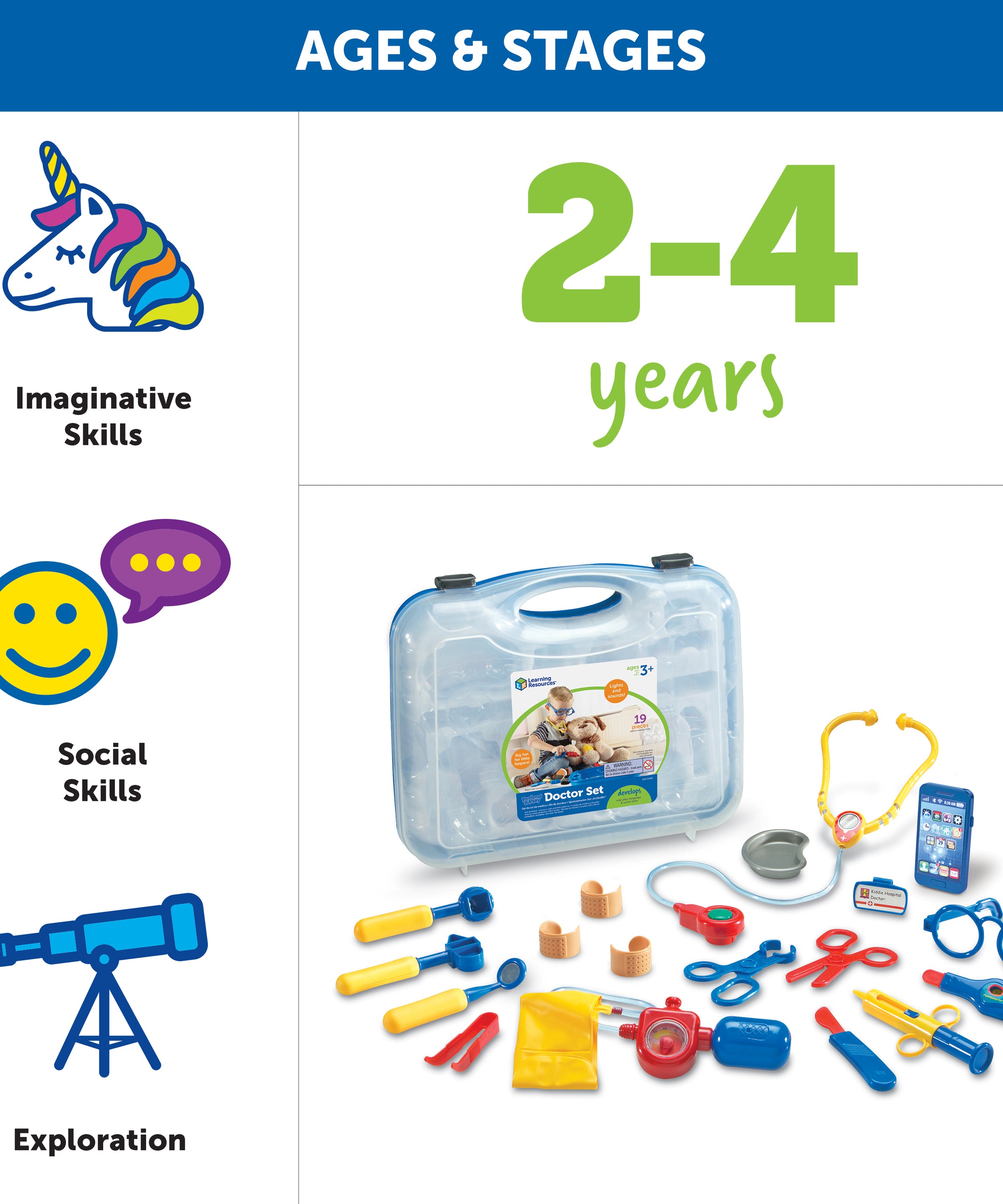 Learning Resources Pretend & Play Doctor Set, 19-Piece Kids Medical Kit with Stethoscope & Pager Sounds, Role Play Toy for Imaginative Play & Language Development, Ages 3+