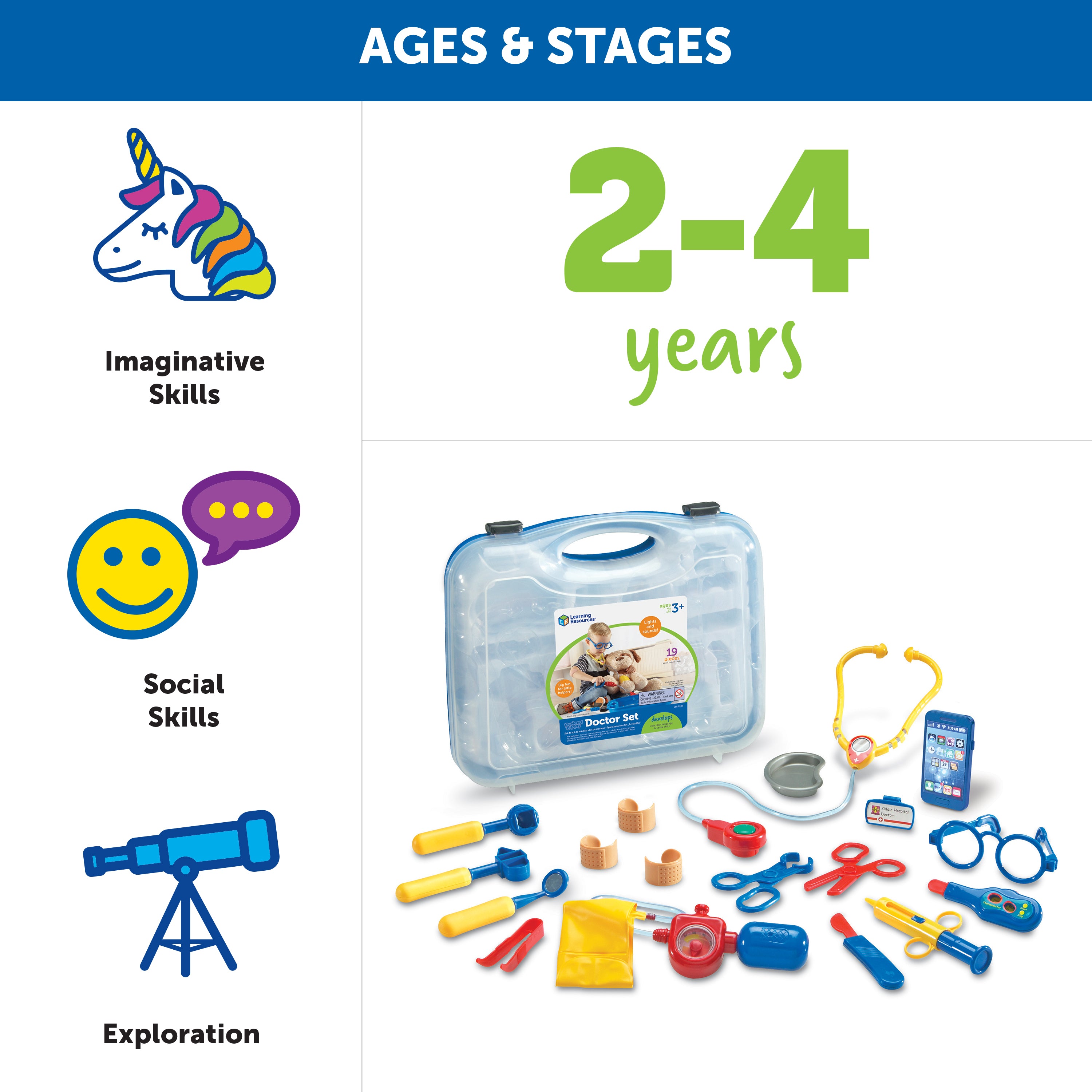 Learning Resources Pretend & Play Doctor Set, 19-Piece Kids Medical Kit with Stethoscope & Pager Sounds, Role Play Toy for Imaginative Play & Language Development, Ages 3+