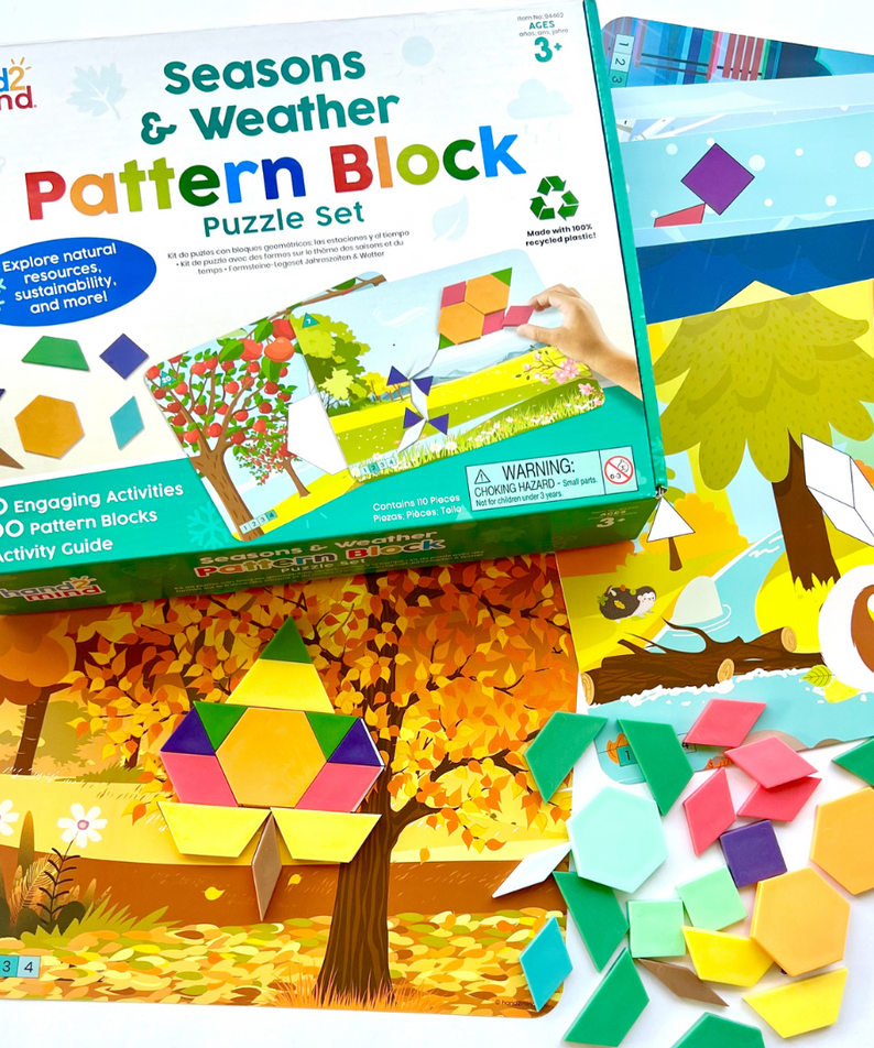 Learning Resources Seasons & Weather Pattern Block Puzzle Set, 100 Pattern Blocks, 10 Double-Sided Puzzle Cards, STEM Learning & Sustainability Concepts, Ages 5+