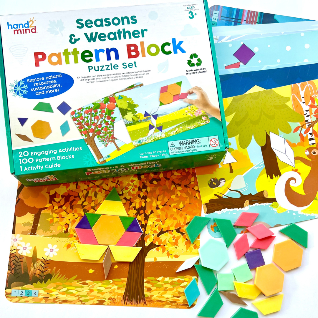 Learning Resources Seasons & Weather Pattern Block Puzzle Set, 100 Pattern Blocks, 10 Double-Sided Puzzle Cards, STEM Learning & Sustainability Concepts, Ages 5+