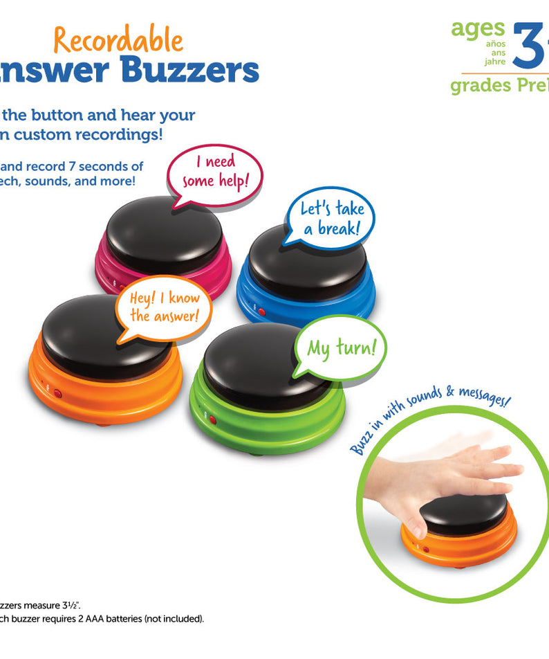 Learning Resources Recordable Answer Buzzers (Set of 4), Personalizable Light-Up Buzzers for Classroom, Family Games, Trivia Nights, and More (Ages 3+)