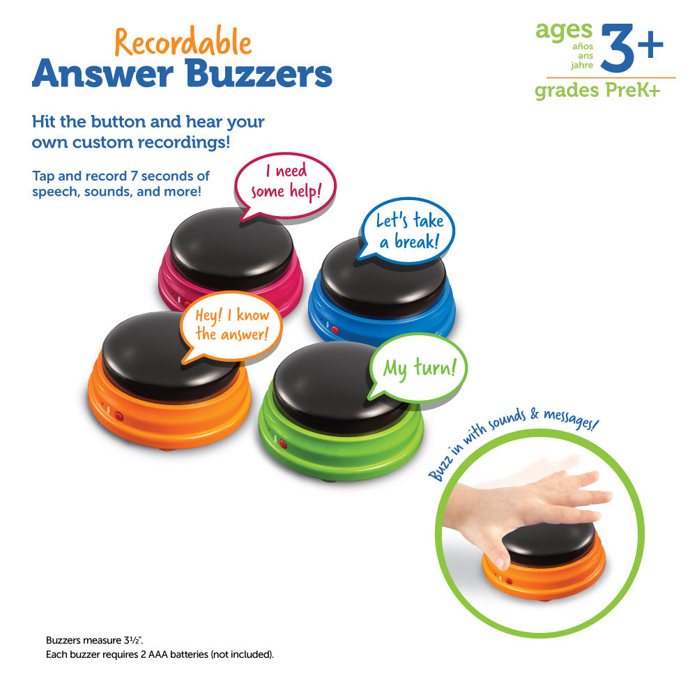 Learning Resources Recordable Answer Buzzers (Set of 4), Personalizable Light-Up Buzzers for Classroom, Family Games, Trivia Nights, and More (Ages 3+)