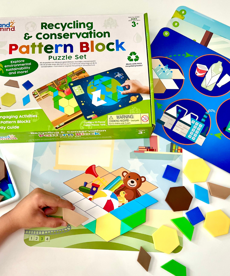 Learning Resources Recycling & Conservation Pattern Block Puzzle Set, 100 Colourful Pattern Blocks, 10 Double-Sided Puzzle Cards, Made from Recycled Plastic, Early Maths & Sustainability Learning, Ages 3+