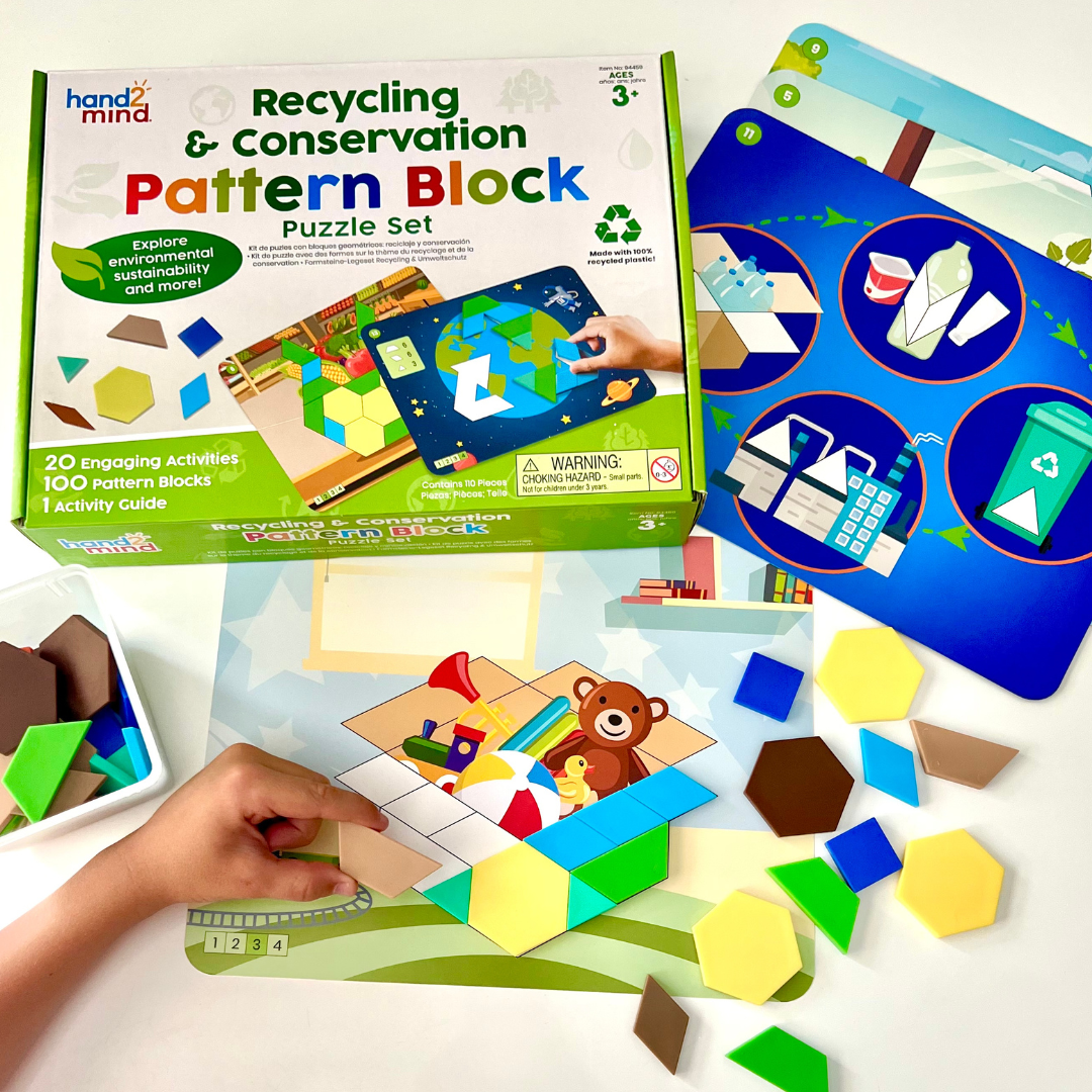 Learning Resources Recycling & Conservation Pattern Block Puzzle Set, 100 Colourful Pattern Blocks, 10 Double-Sided Puzzle Cards, Made from Recycled Plastic, Early Maths & Sustainability Learning, Ages 3+