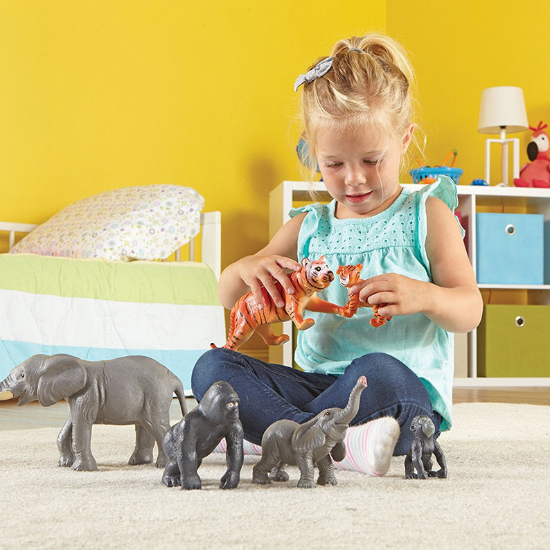 Learning Resources Jumbo Jungle Animals Mommas and Babies, 6 Piece Pretend Play Animal Set with Storage Box, Ages 2 Plus