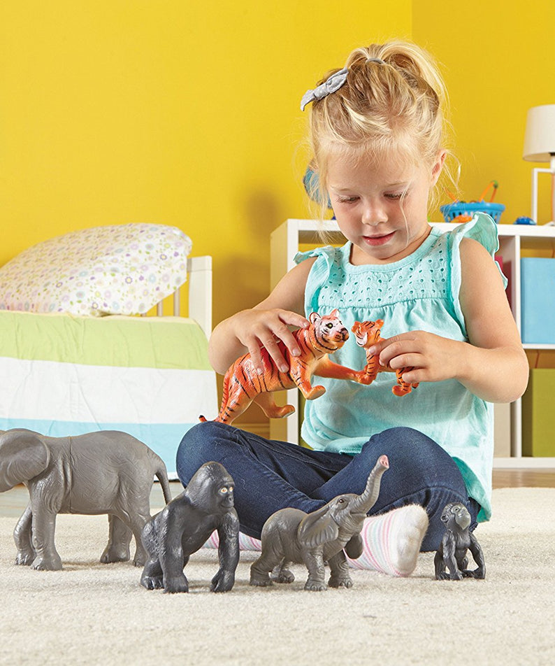 Learning Resources Jumbo Jungle Animals Mommas and Babies, 6 Piece Pretend Play Animal Set with Storage Box, Ages 2 Plus