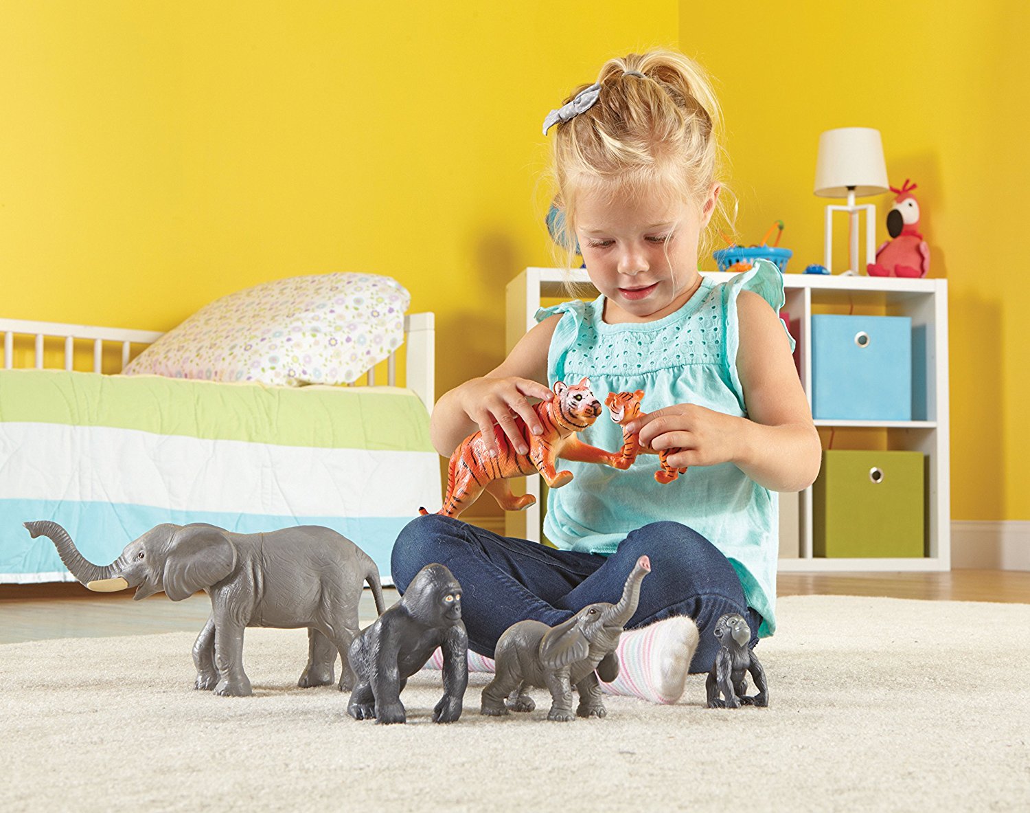 Learning Resources Jumbo Jungle Animals Mommas and Babies, 6 Piece Pretend Play Animal Set with Storage Box, Ages 2 Plus