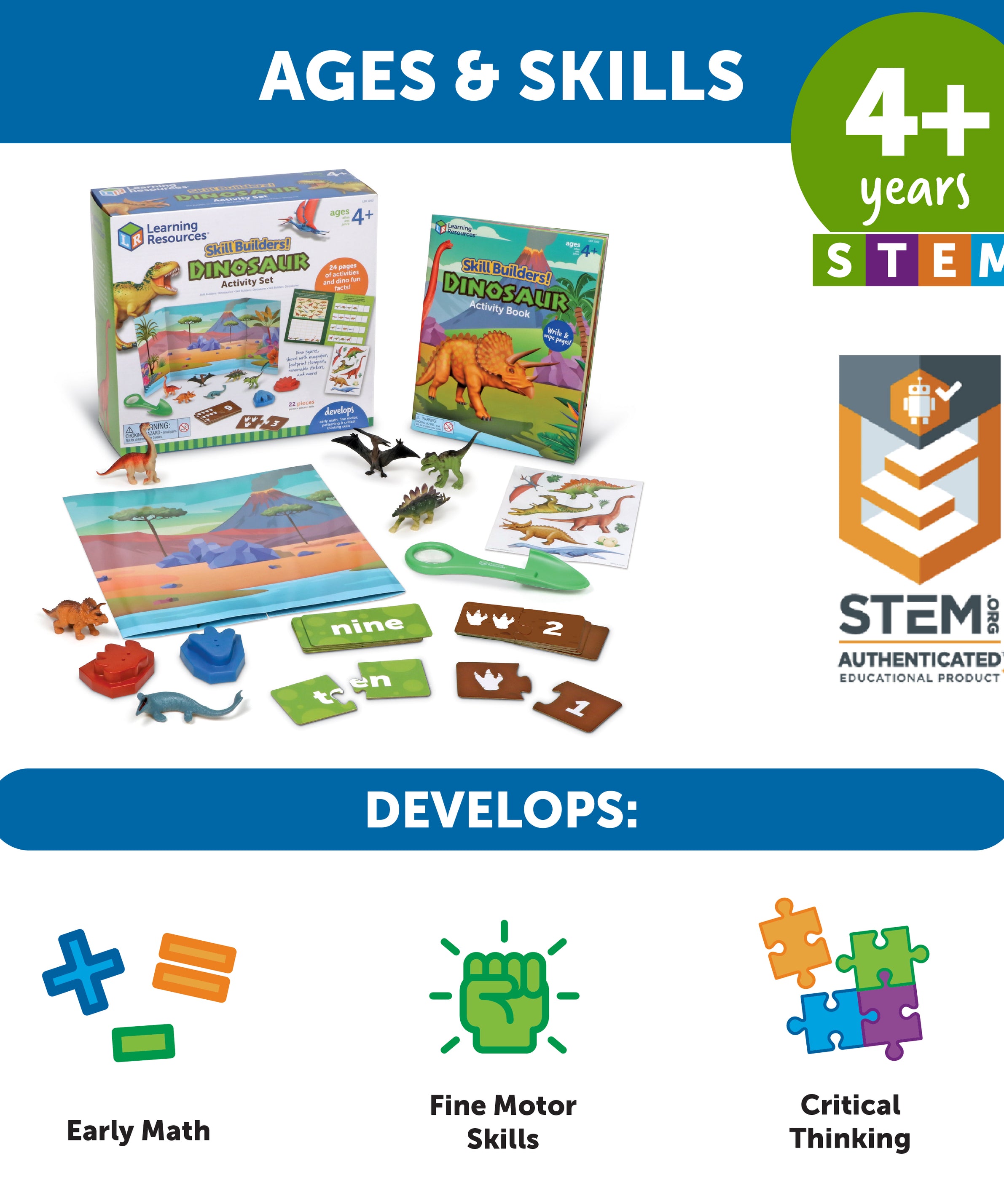 Learning Resources Skill Builders! Dinosaurs, Preschool Dinosaur Learning Set with Fossils, Puzzles, and Activity Book, Ages 4+