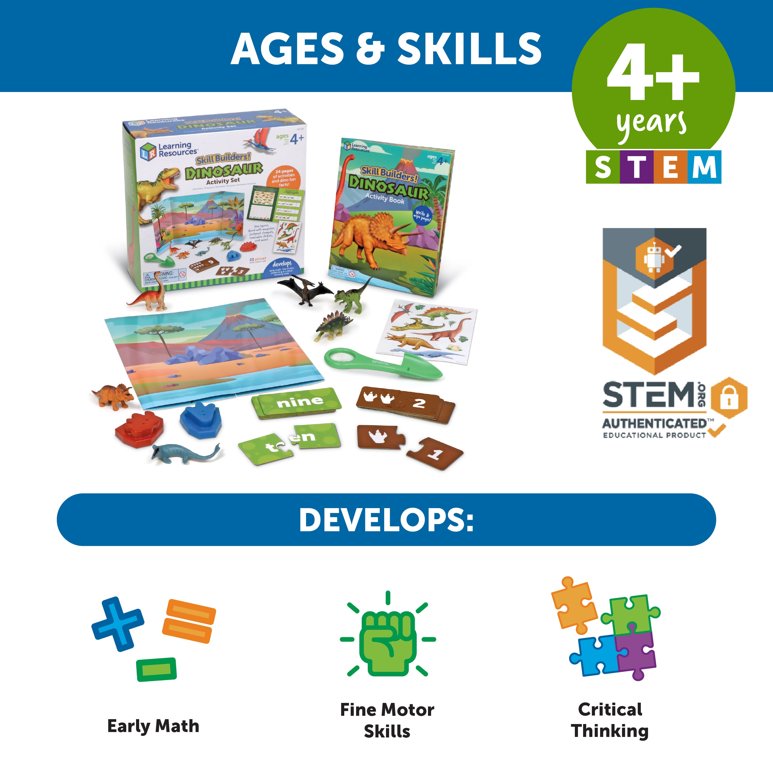 Learning Resources Skill Builders! Dinosaurs, Preschool Dinosaur Learning Set with Fossils, Puzzles, and Activity Book, Ages 4+