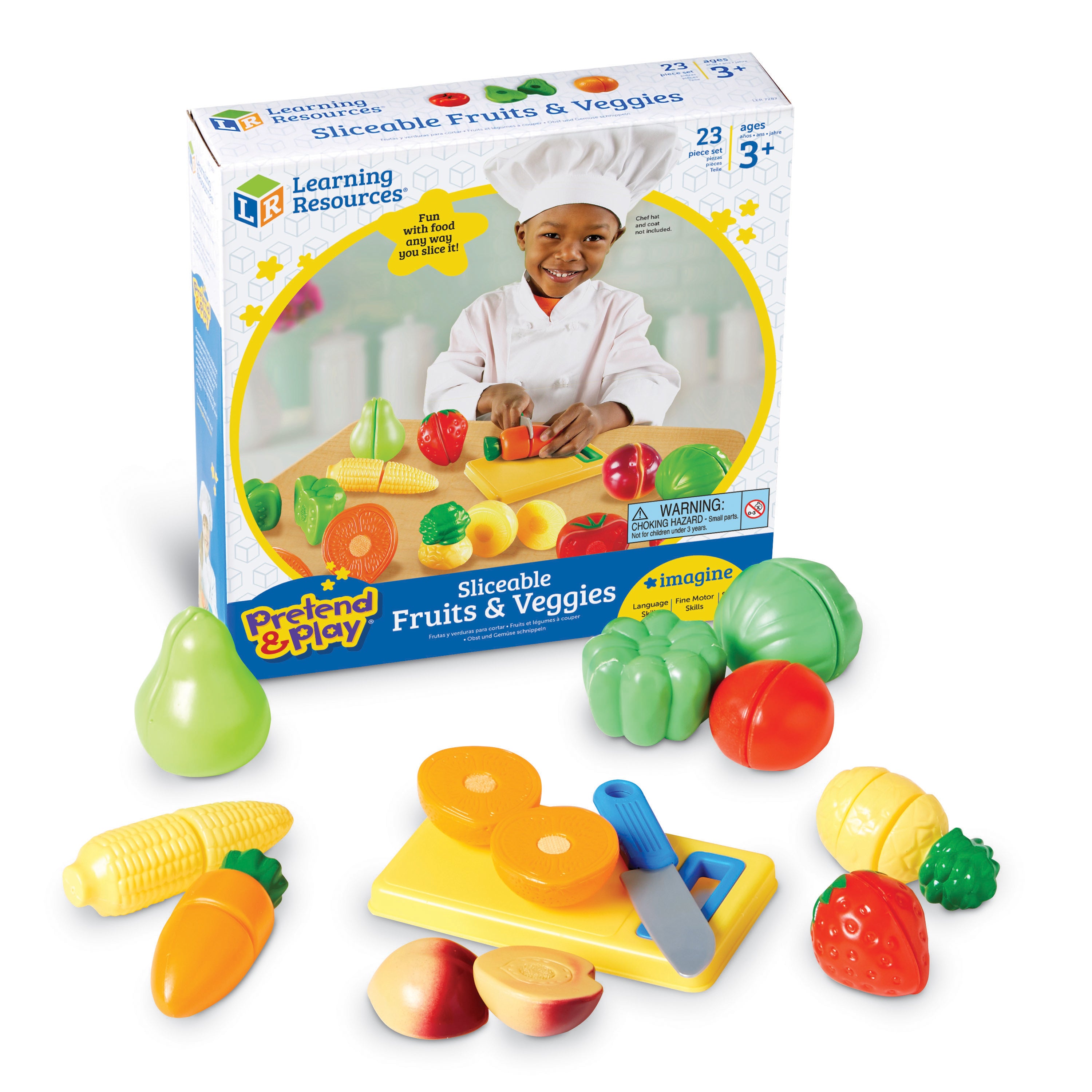 Learning Resources Pretend and Play Sliceable Fruits and Veggies, Set of 12 Healthy Food Play Pieces with Chopping Board and Knife, Imaginative Kitchen Toy for Fine Motor Skills, Ages 3+