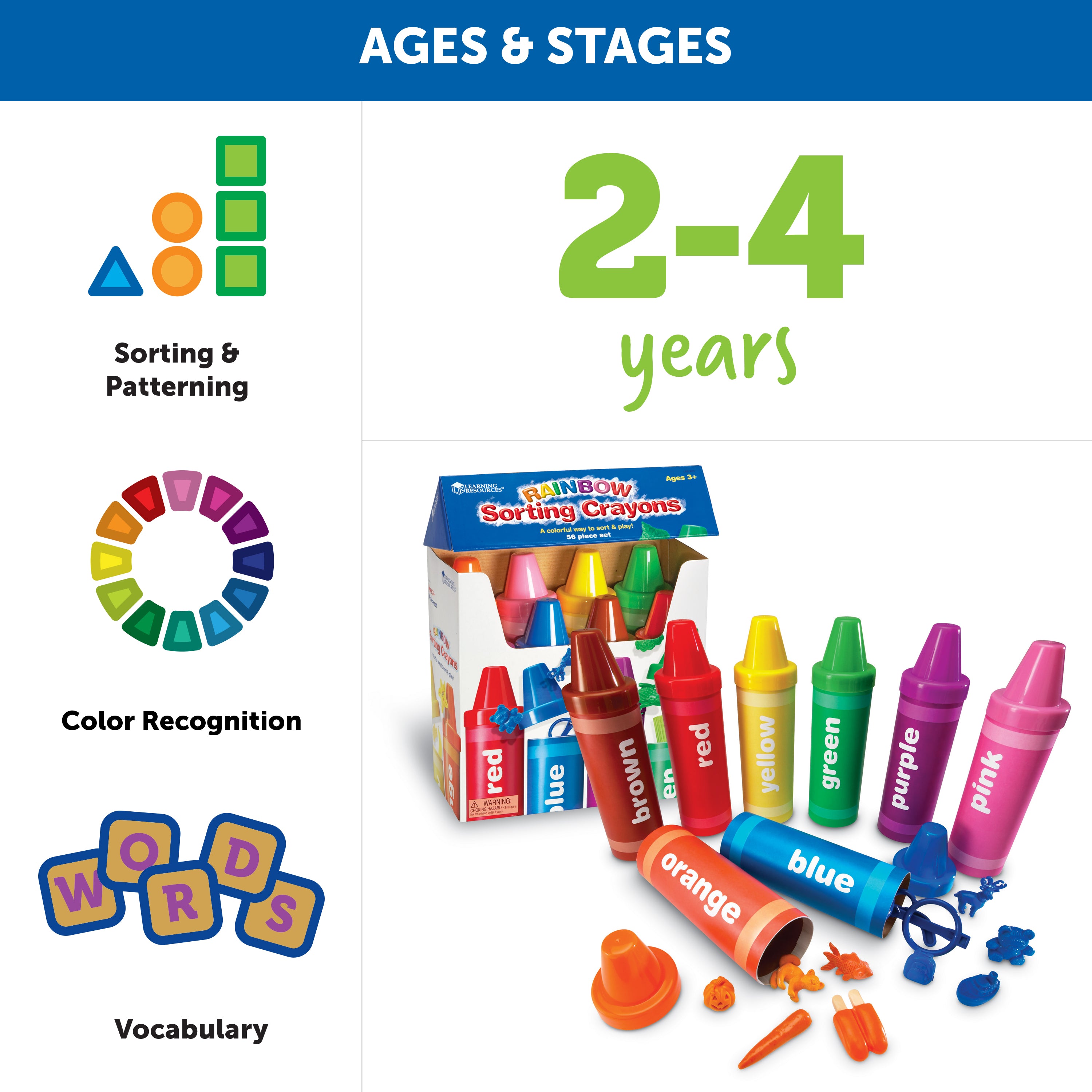 Learning Resources Rainbow Sorting Crayons, 48-Piece Colour Recognition and Sorting Toy, Fun Early Math Activities for Kids Aged 3+