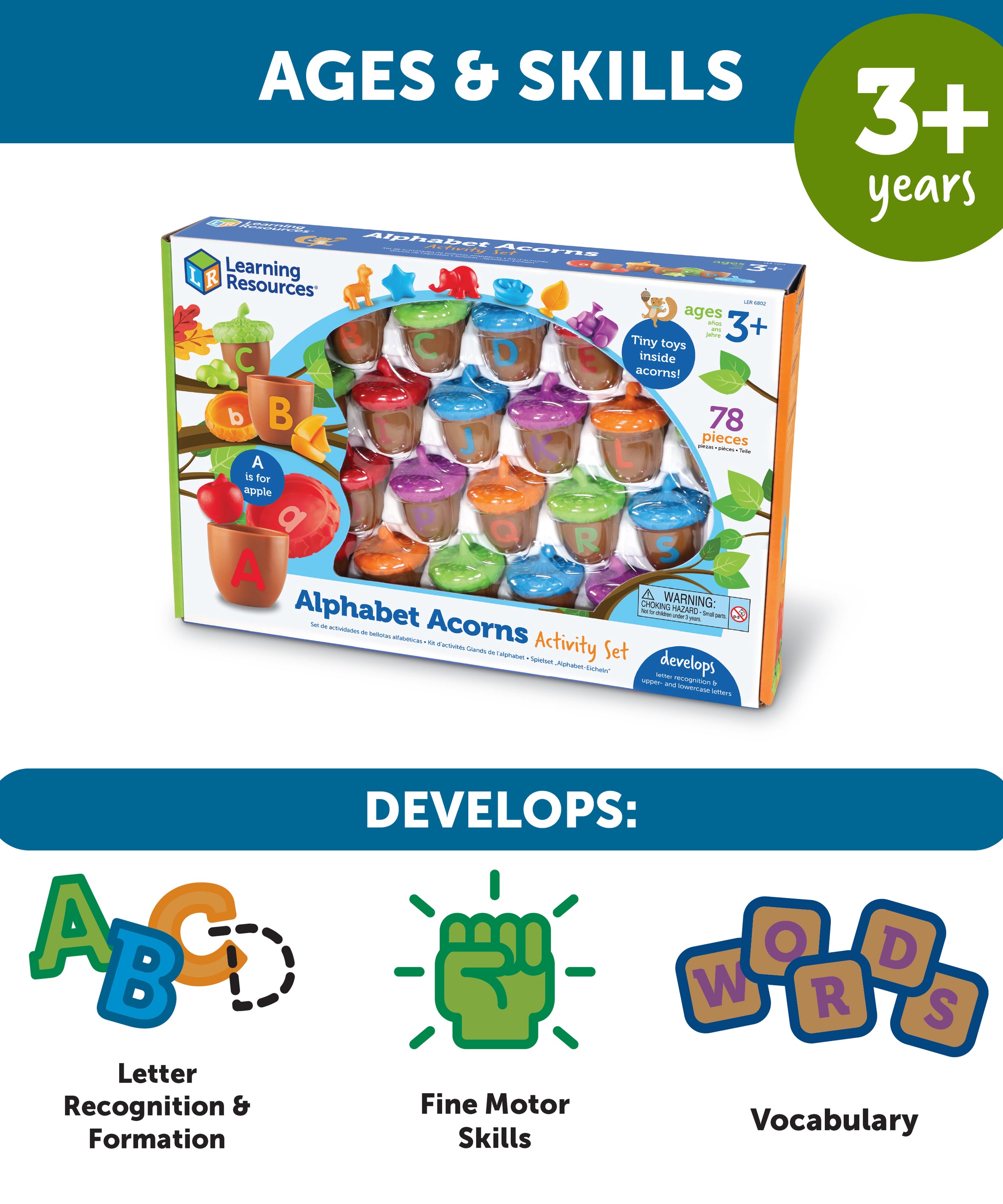 Learning Resources Alphabet Acorns Activity Set, Early Literacy and Phonics Toy for Kids Aged 3 and Up, 26 Two-Piece Acorns with Matching Counters, Preschool Letter Recognition Game