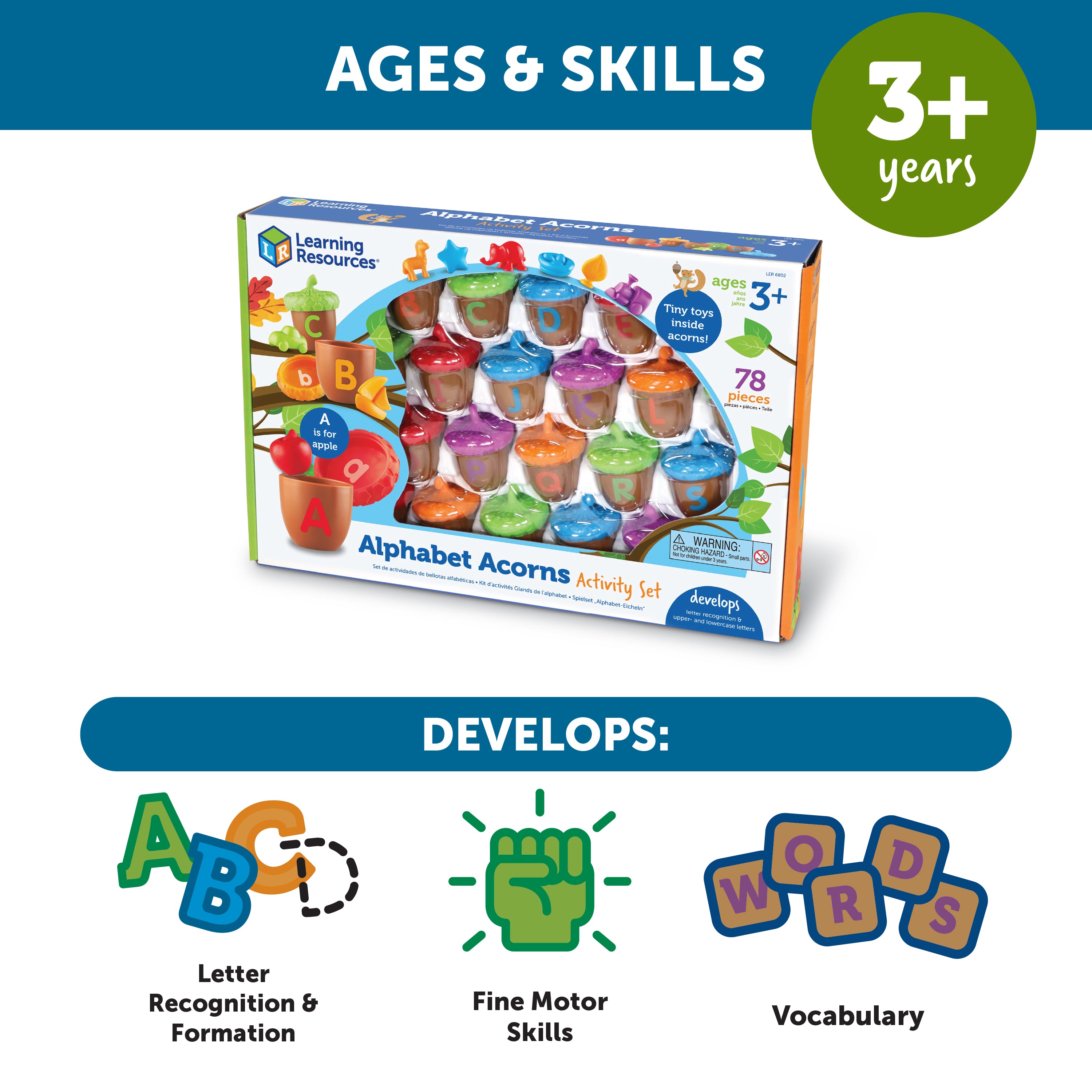 Learning Resources Alphabet Acorns Activity Set, Early Literacy and Phonics Toy for Kids Aged 3 and Up, 26 Two-Piece Acorns with Matching Counters, Preschool Letter Recognition Game