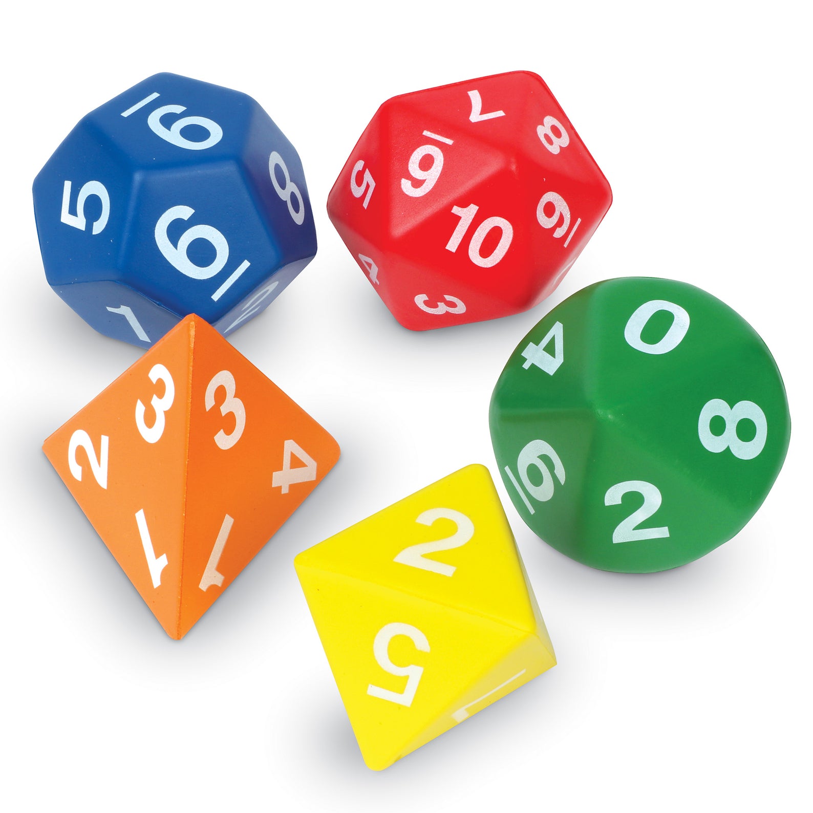 Learning Resources Jumbo Foam Polyhedral Dice, Set of 5 Soft Foam Dice with 4, 8, 10, 12, and 20 Sides, Includes Activity Guide, Ages 6+