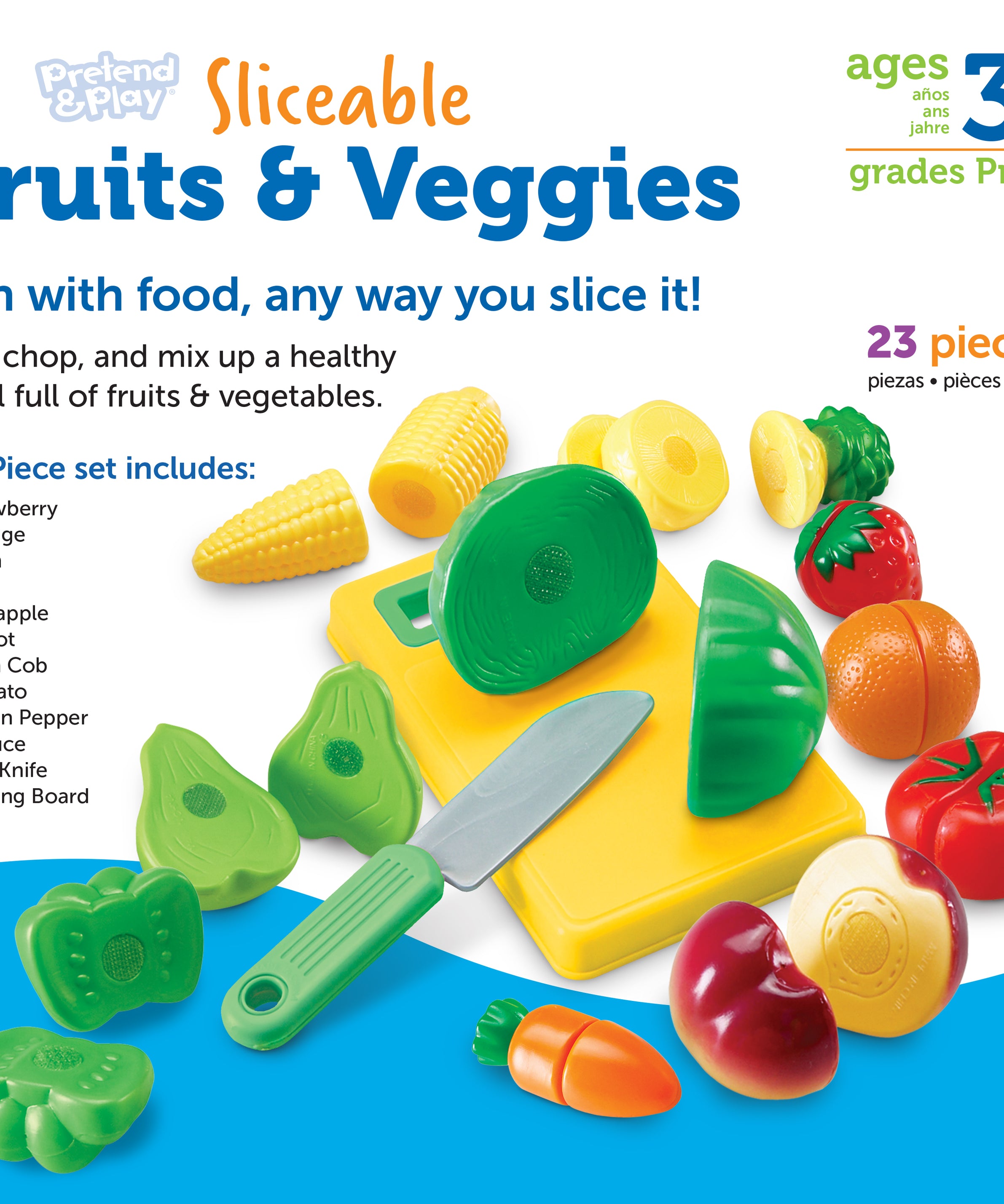 Learning Resources Pretend and Play Sliceable Fruits and Veggies, Set of 12 Healthy Food Play Pieces with Chopping Board and Knife, Imaginative Kitchen Toy for Fine Motor Skills, Ages 3+