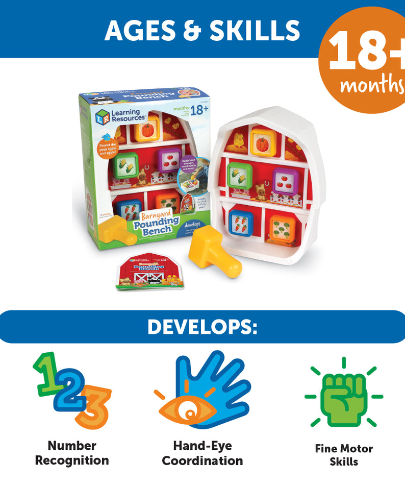 Learning Resources Barnyard Pounding Bench Fine Motor Toy with Storybook for Toddlers Ages 18 Months Plus