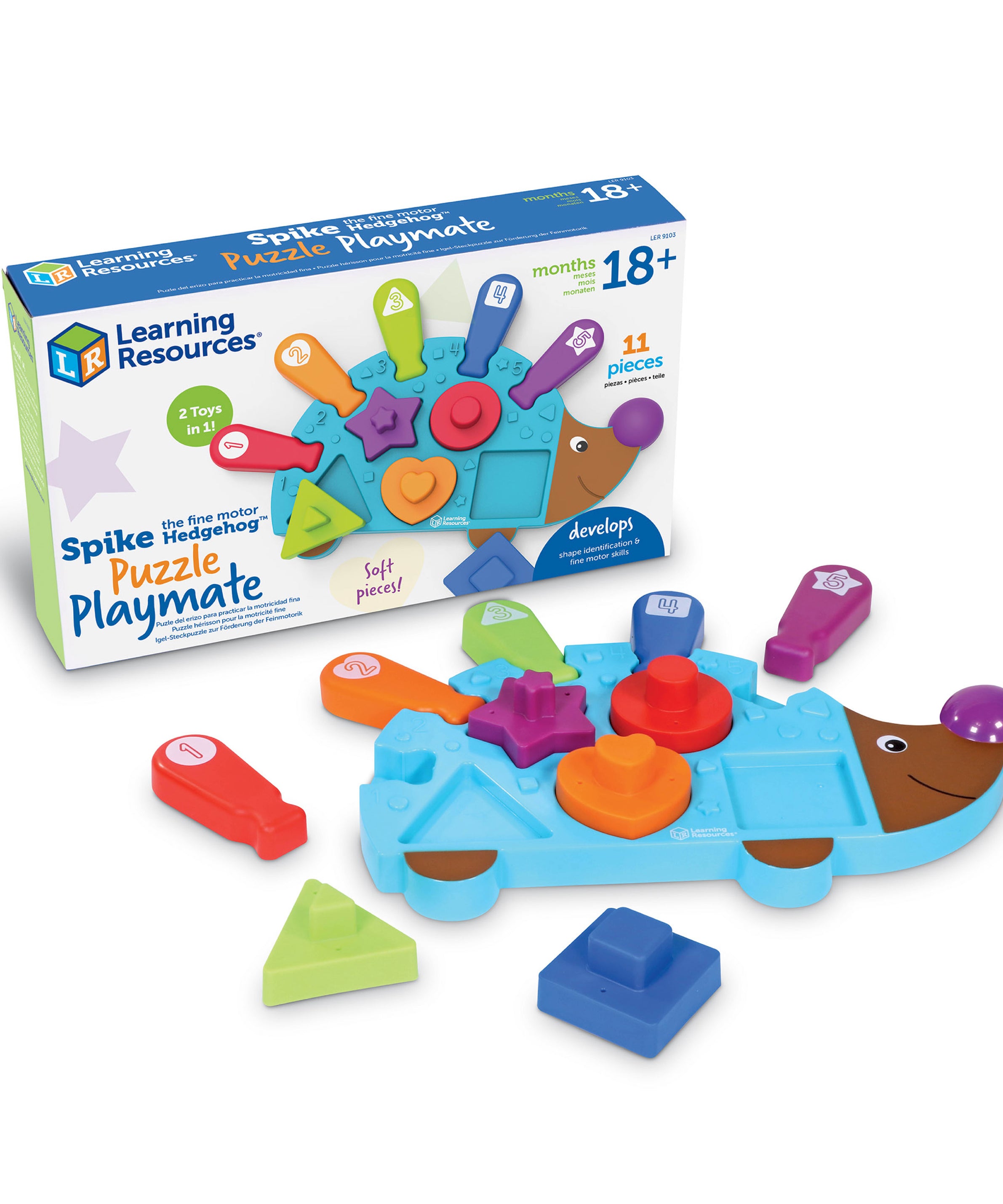 Learning Resources Spike the Fine Motor Hedgehog Puzzle Playmate (LER9103), 2-in-1 Shape Sorter and Puzzle, Fine Motor Skills Development Toy for Toddlers, Ages 18 Months+