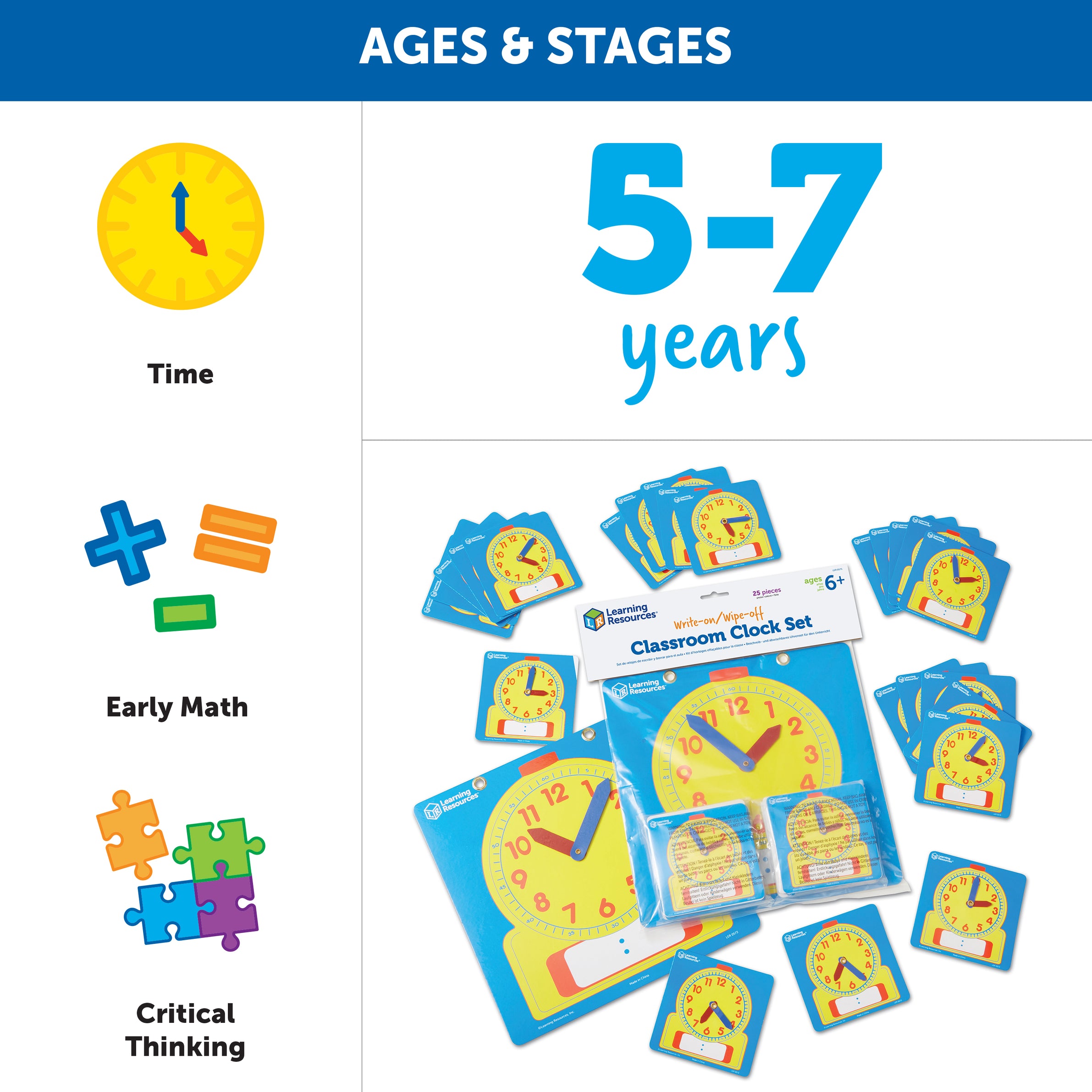 Learning Resources Write and Wipe Clocks Classroom Set, Includes 1 Demonstration Clock and 24 Student Clocks with Movable Hands, Ages 6 Plus