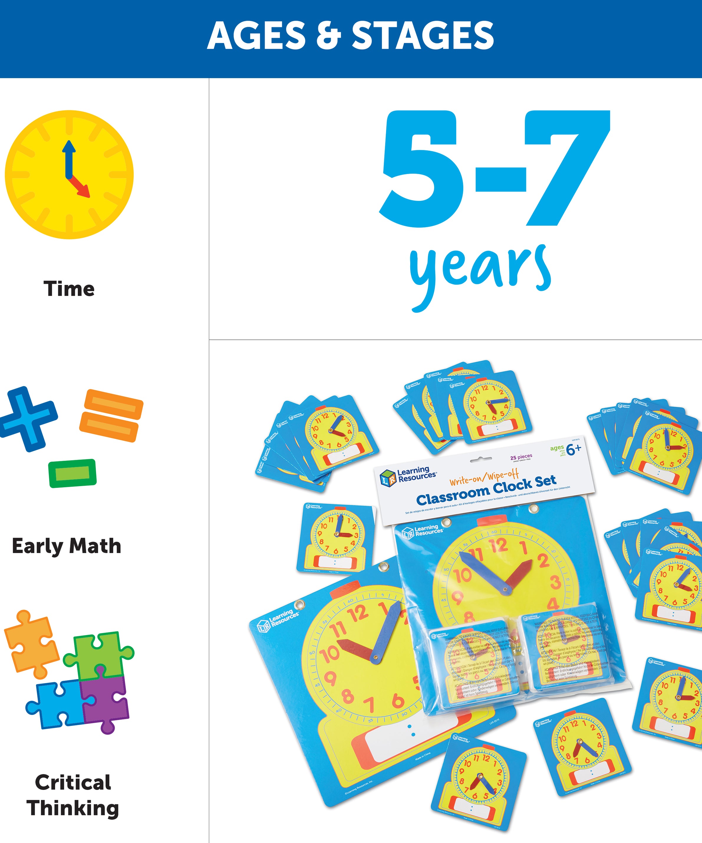 Learning Resources Write and Wipe Clocks Classroom Set, Includes 1 Demonstration Clock and 24 Student Clocks with Movable Hands, Ages 6 Plus