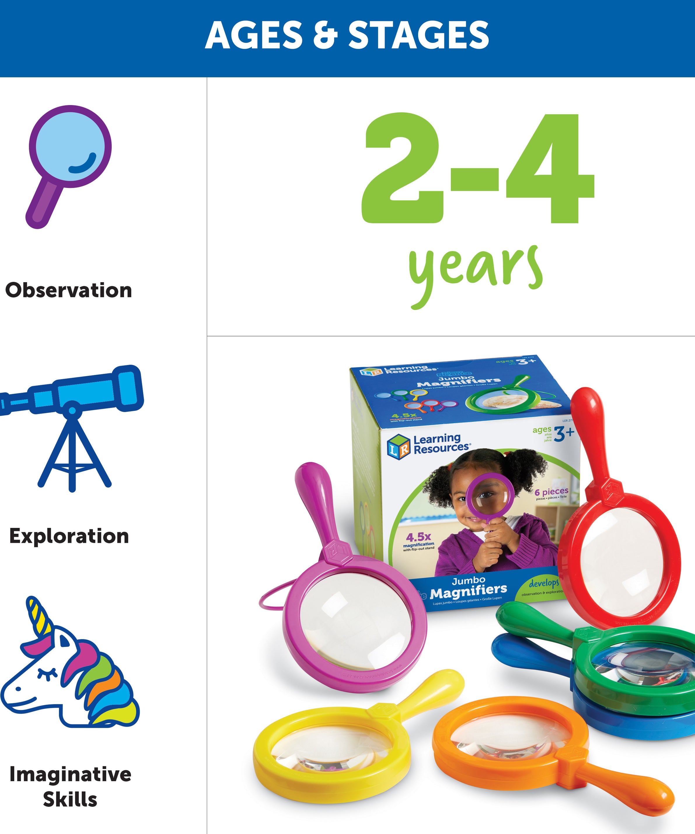 Learning Resources Primary Science Jumbo Magnifiers (Set of 6), 4.5x Magnification, Built-in Stand, Perfect for Little Hands, Ideal for Life Science Lessons, Ages 3+