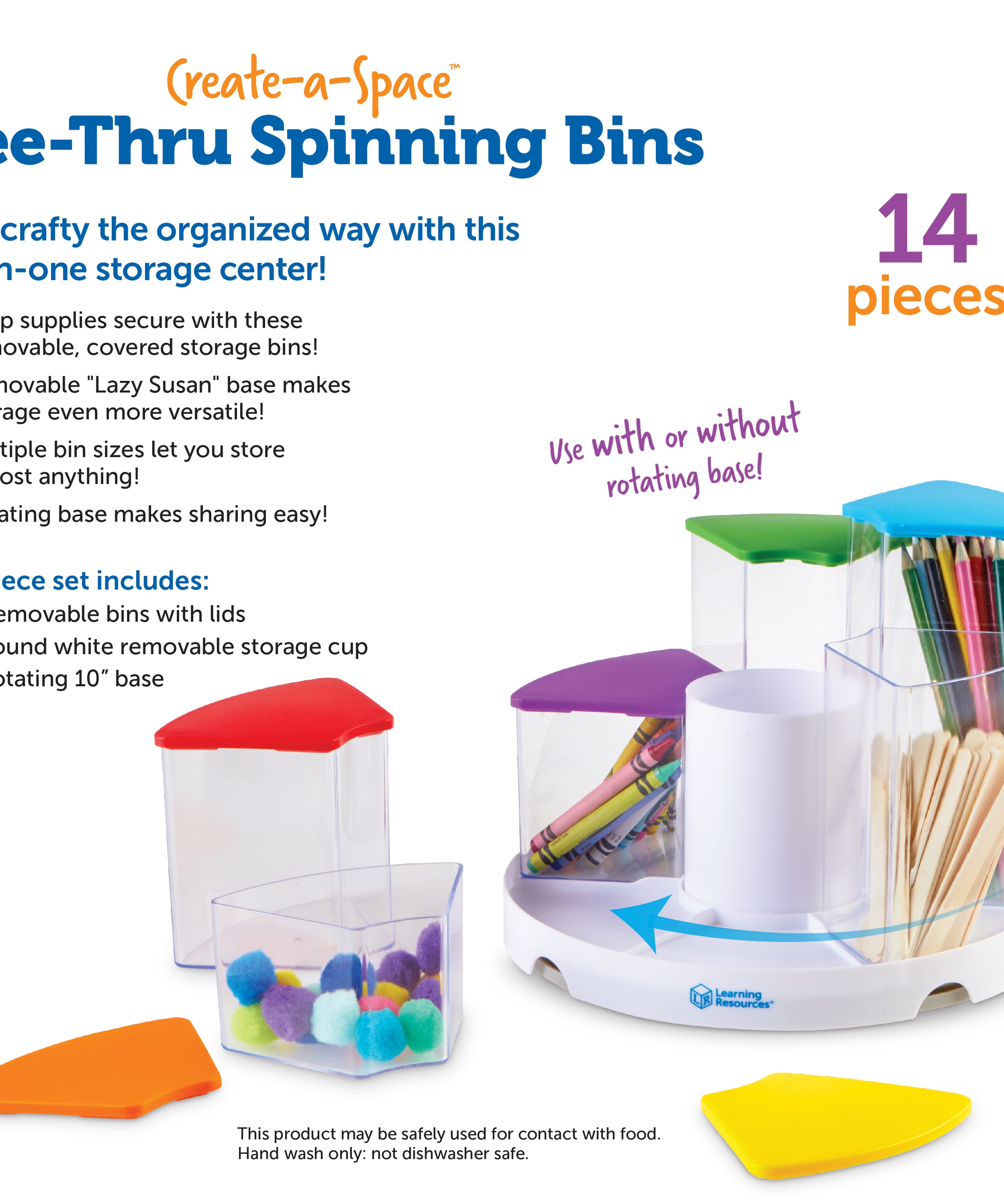 Learning Resources Create-A-Space See-Thru Spinning Bins, Portable Storage Solution for School, Art Supplies, Kitchen Organisation, 6 Bins with Colourful Lids