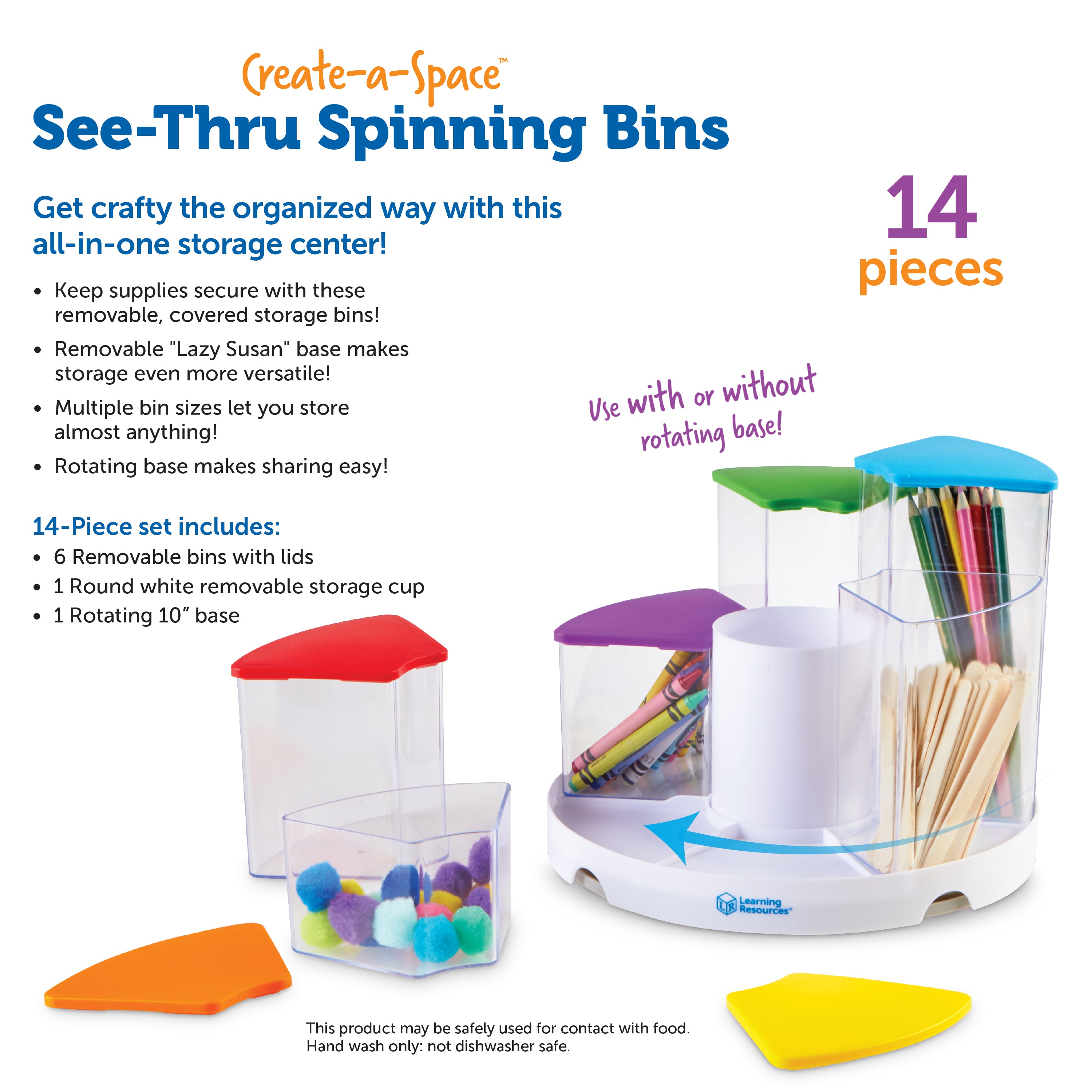 Learning Resources Create-A-Space See-Thru Spinning Bins, Portable Storage Solution for School, Art Supplies, Kitchen Organisation, 6 Bins with Colourful Lids