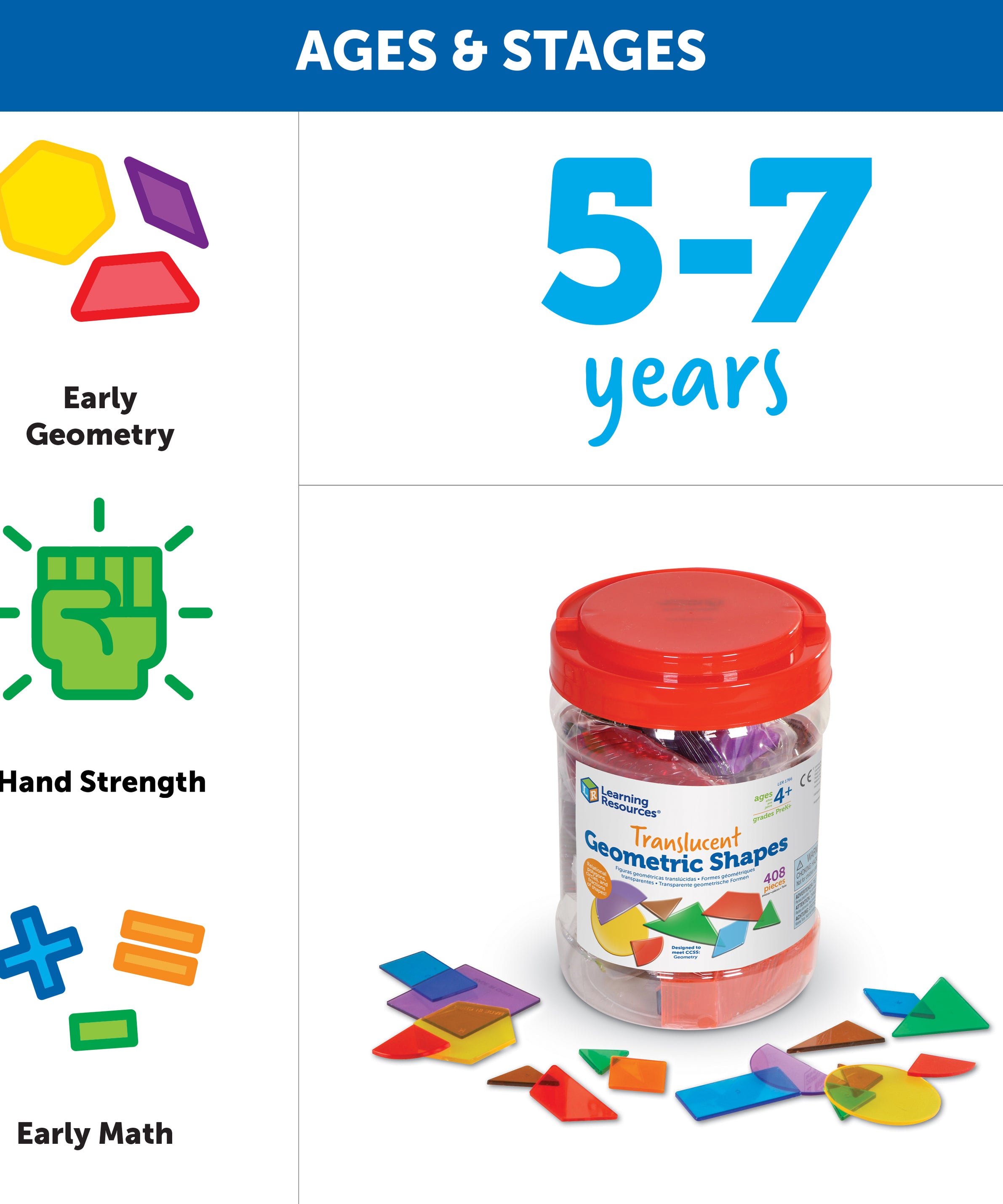 Learning Resources Translucent Geometric Shapes, Set of 408, Early Geometry Skills for Kids (Ages 4+)