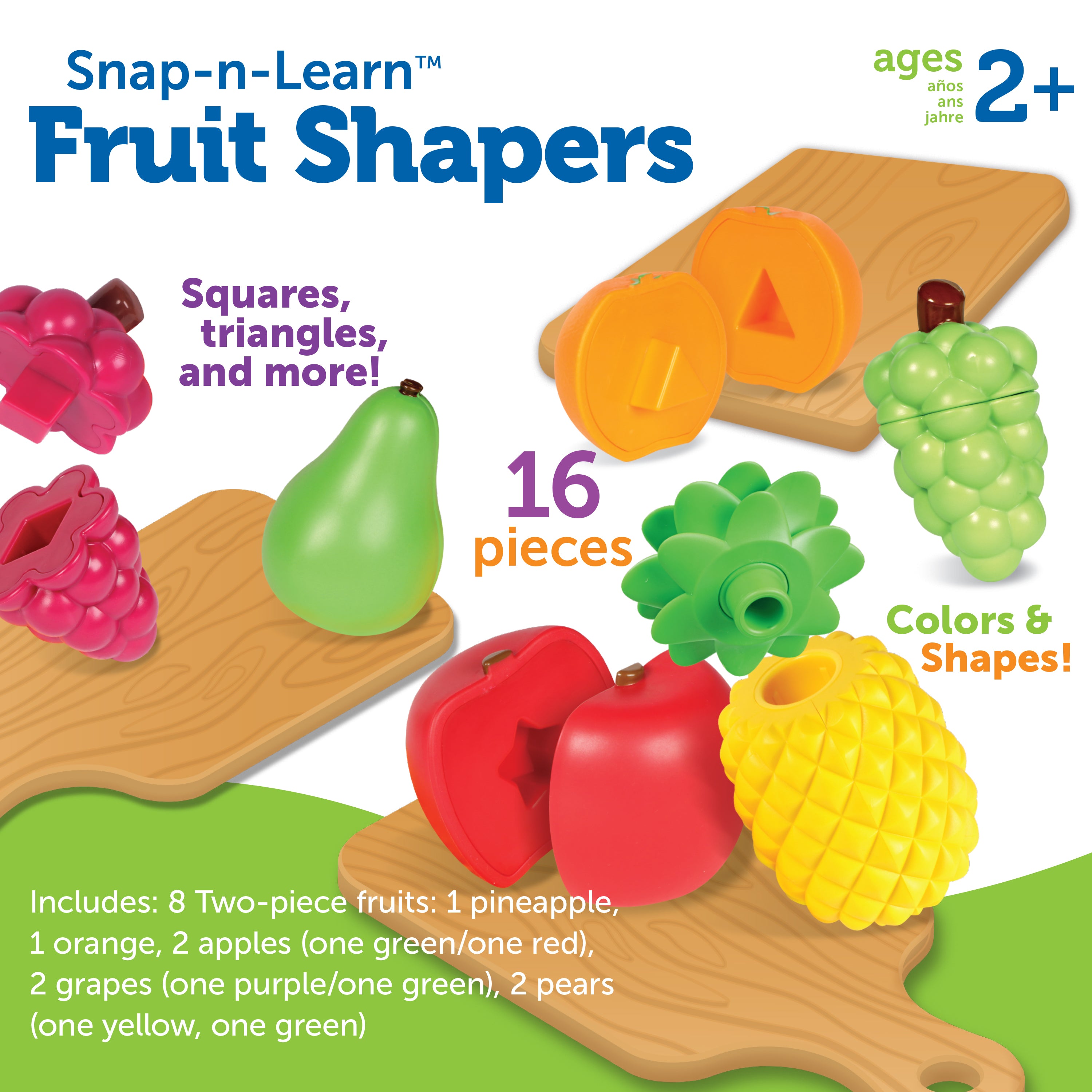 Learning Resources Snap-n-Learn Fruit Shapers, Colourful Pop-Apart Shape Matching Toy, Develops Fine Motor & Early Learning Skills, Includes 8 Two-Piece Fruits & Storage Bucket, Ages 2+