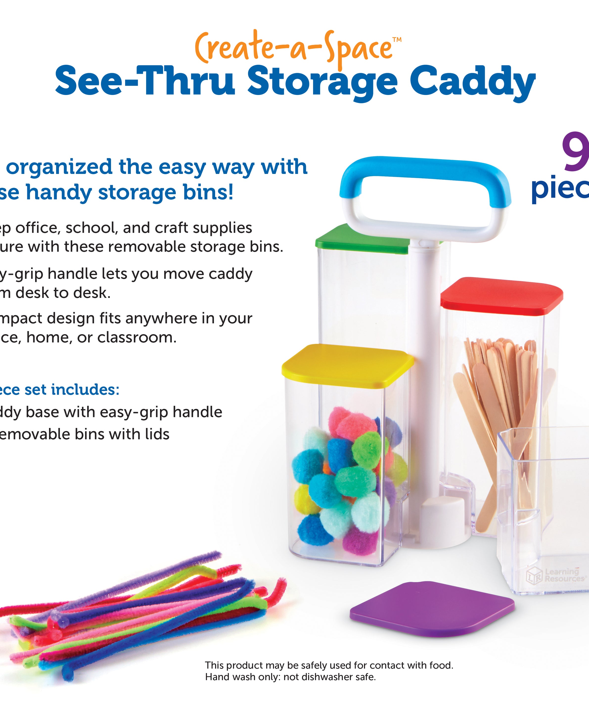 Learning Resources Create-a-Space See-Thru Storage Caddy, Portable Organiser with 4 Clear Bins and Colourful Lids, Ideal for Art Supplies, Classroom, or Kitchen Storage