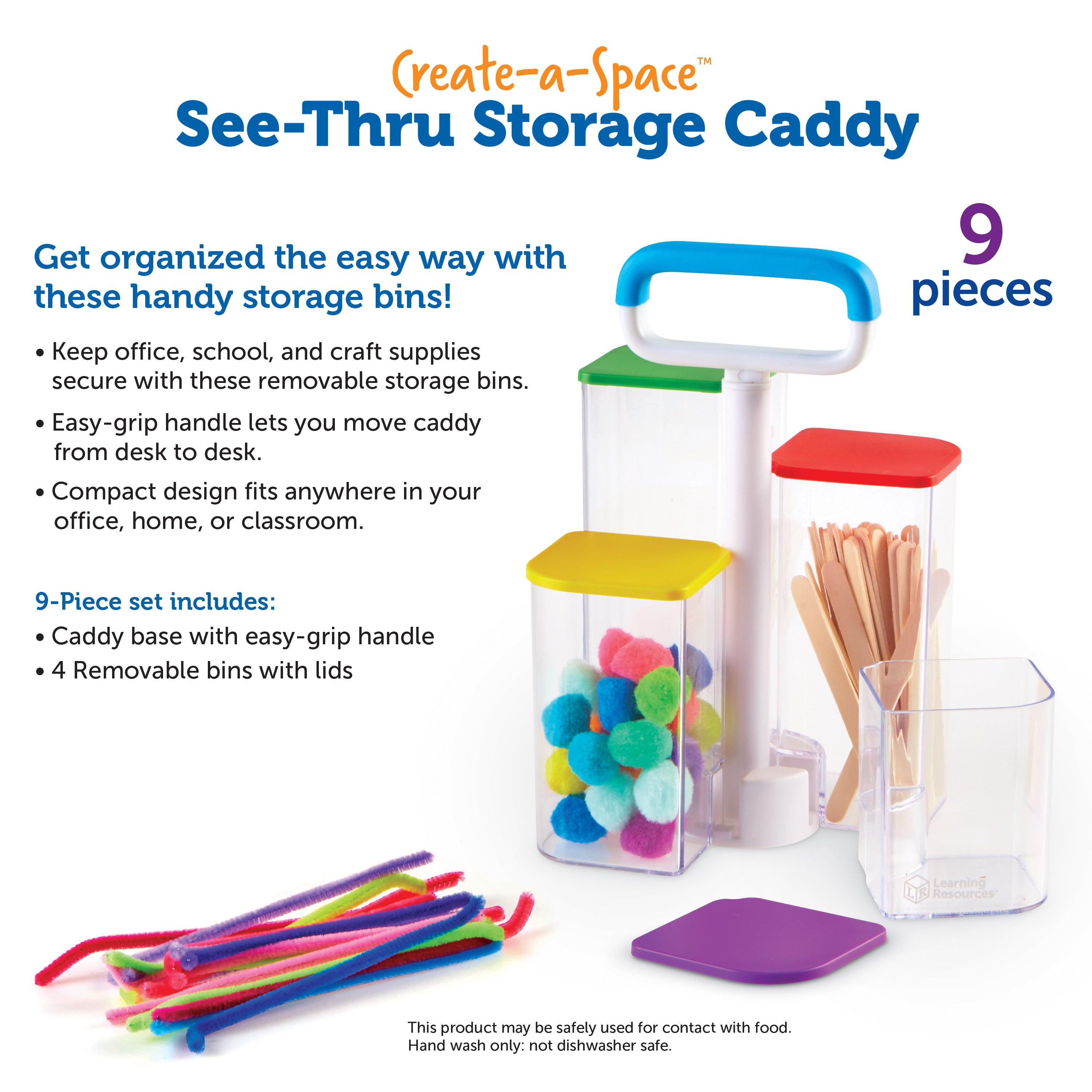 Learning Resources Create-a-Space See-Thru Storage Caddy, Portable Organiser with 4 Clear Bins and Colourful Lids, Ideal for Art Supplies, Classroom, or Kitchen Storage
