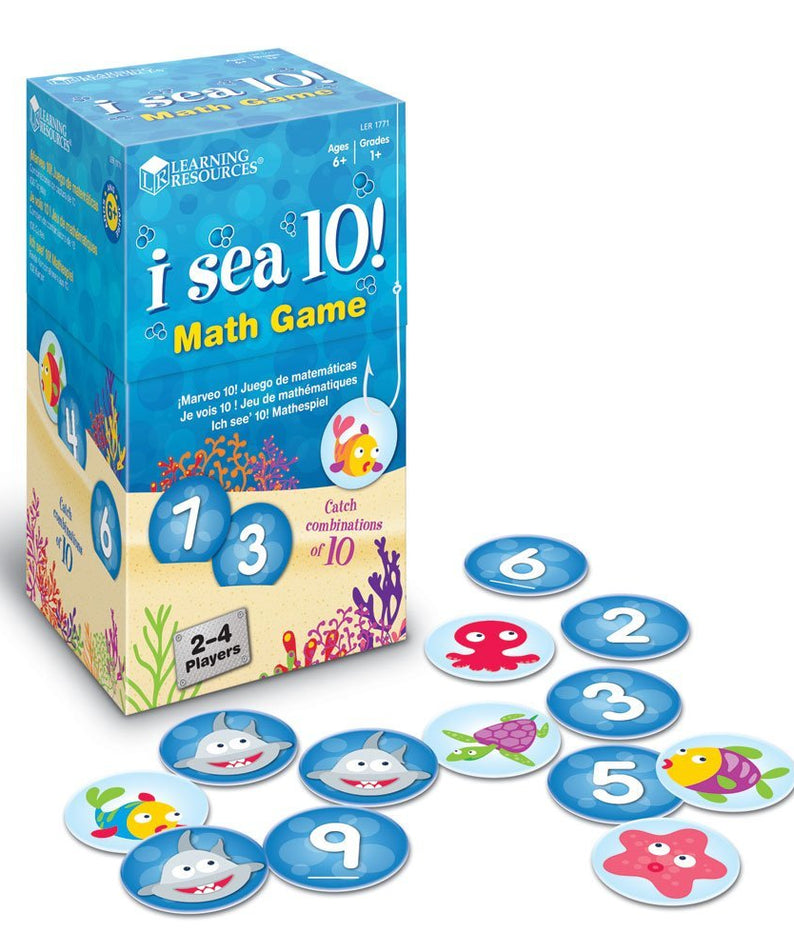 Learning Resources I Sea 10! Math Game, Fun Family Game for Practicing Number Bonds to Ten, Includes 90 Number Cards & 10 Shark Cards, Great Early Math Skills Activity, For Ages 6+, Sea-Themed Container