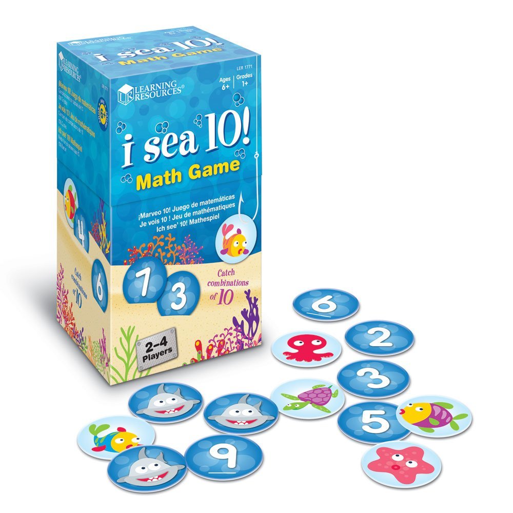 Learning Resources I Sea 10! Math Game, Fun Family Game for Practicing Number Bonds to Ten, Includes 90 Number Cards & 10 Shark Cards, Great Early Math Skills Activity, For Ages 6+, Sea-Themed Container