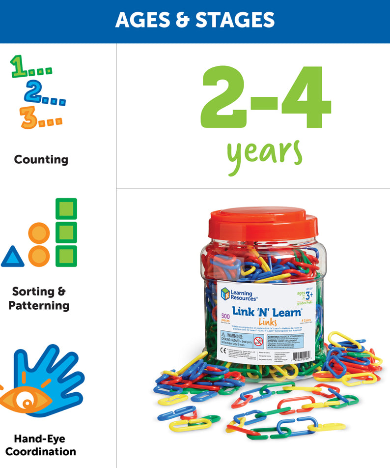 Learning Resources Link N Learn Links, Set of 500 Colourful Plastic Links for Early Maths & Fine Motor Skills, Sorting, Counting & Patterning, Includes Activity Guide, Ages 3+