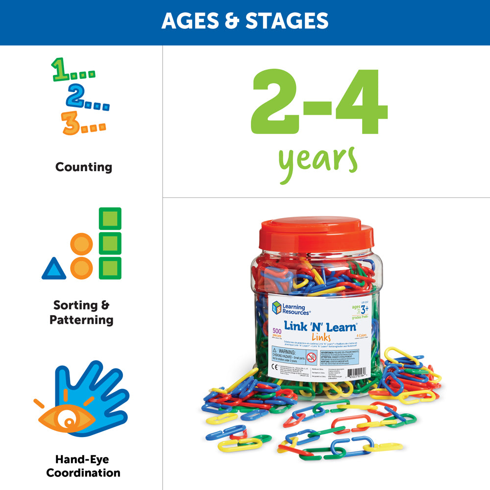 Learning Resources Link N Learn Links, Set of 500 Colourful Plastic Links for Early Maths & Fine Motor Skills, Sorting, Counting & Patterning, Includes Activity Guide, Ages 3+