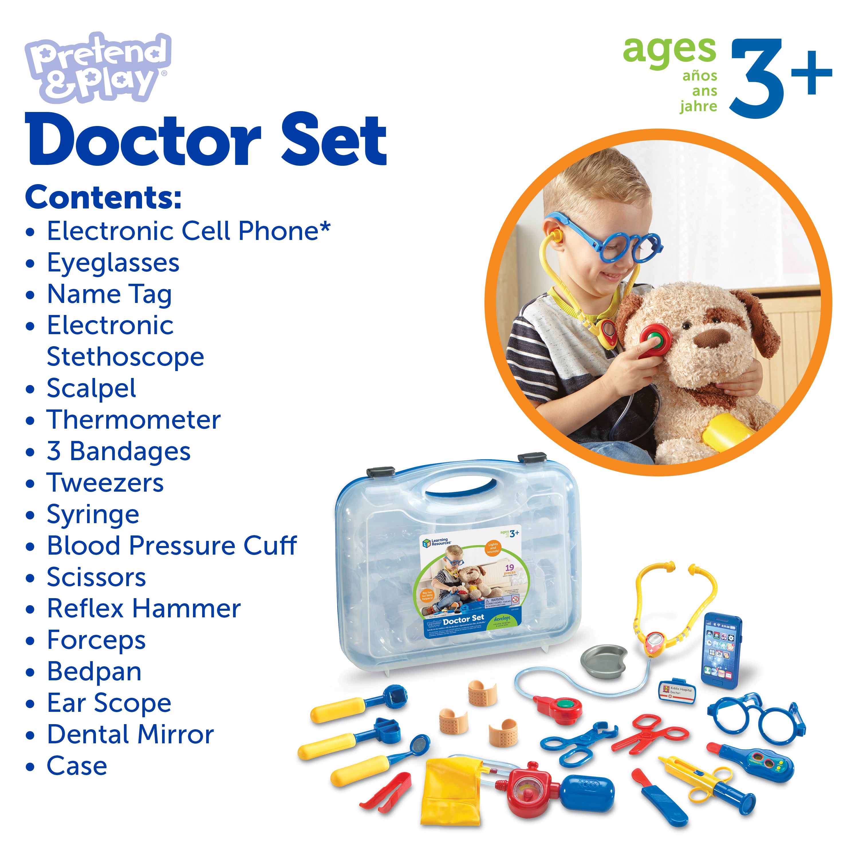 Learning Resources Pretend & Play Doctor Set, 19-Piece Kids Medical Kit with Stethoscope & Pager Sounds, Role Play Toy for Imaginative Play & Language Development, Ages 3+