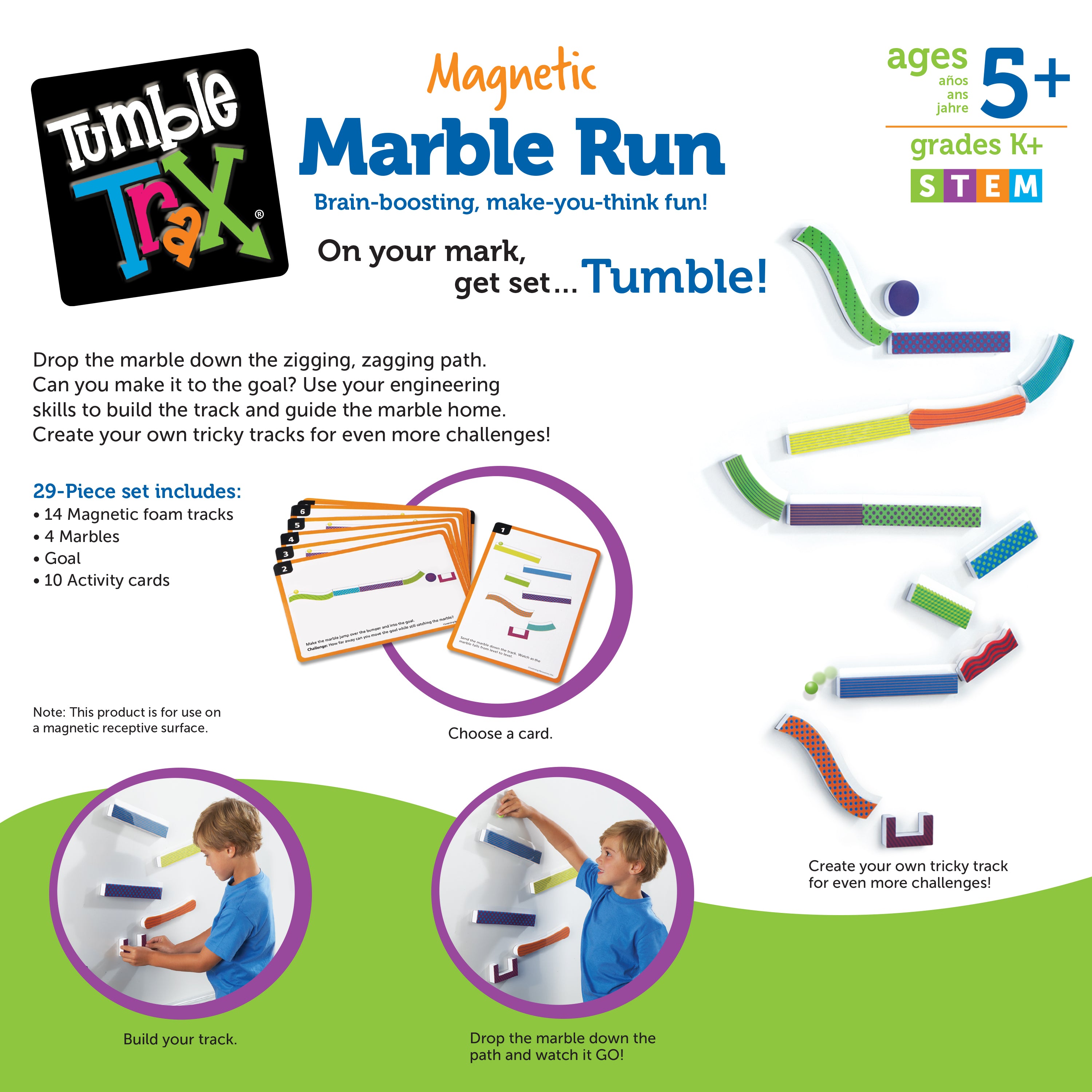 Learning Resources Tumble Trax Magnetic Marble Run, Encourages Engineering & Critical Thinking, Endless Design Combinations, Includes 14 Magnetic Pieces, 10 Activity Cards, 4 Marbles, Ages 5+