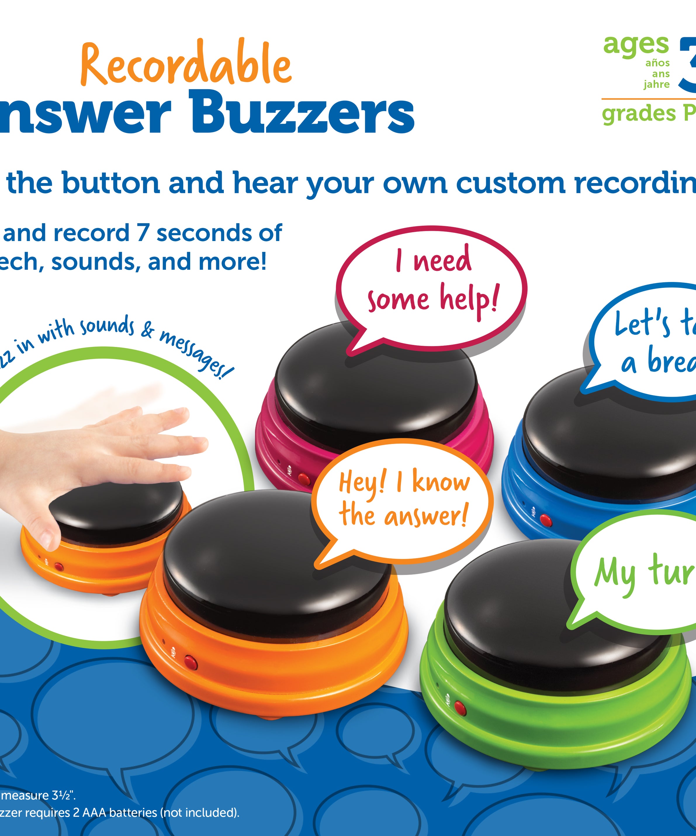 Learning Resources Recordable Answer Buzzers (Set of 4), Personalizable Light-Up Buzzers for Classroom, Family Games, Trivia Nights, and More (Ages 3+)