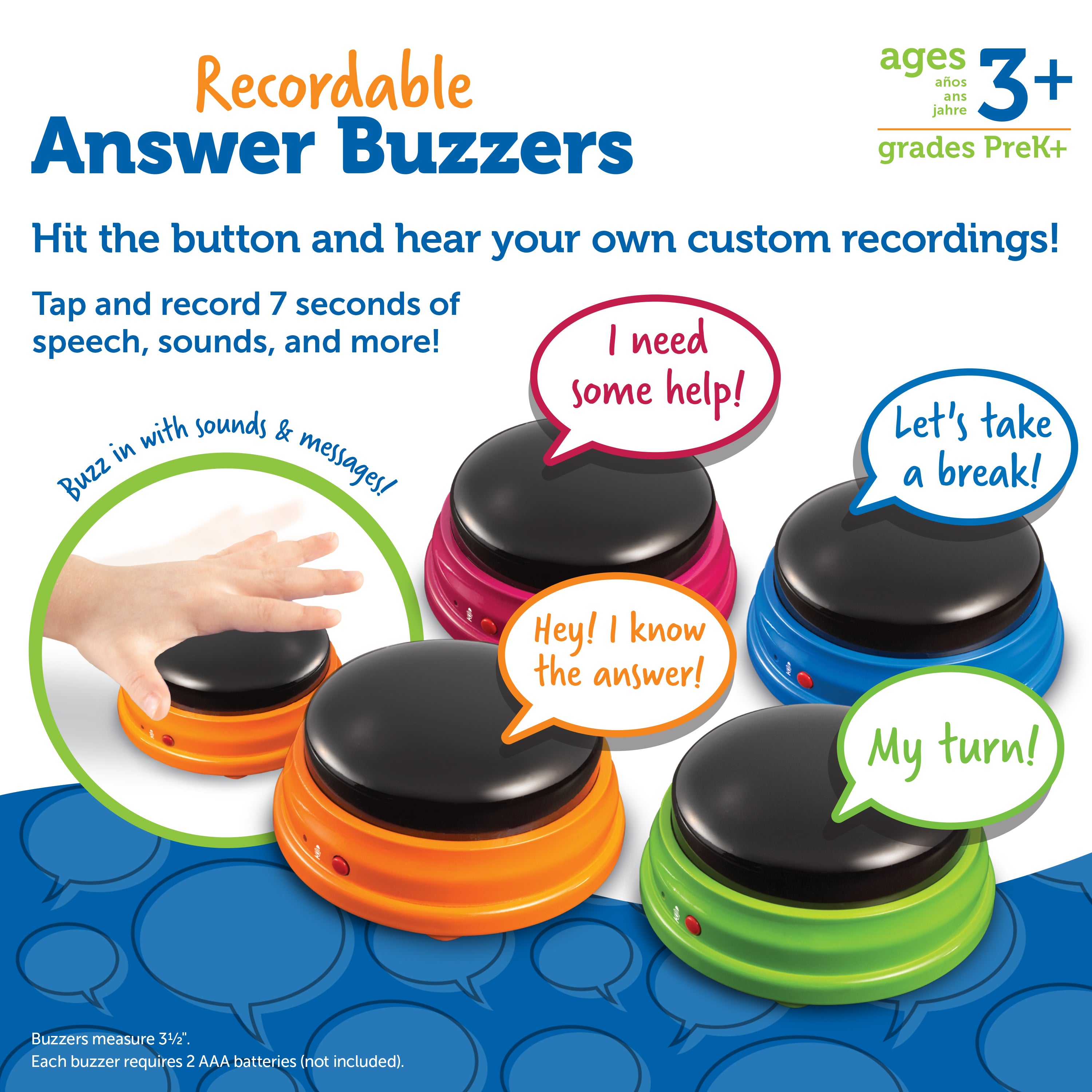 Learning Resources Recordable Answer Buzzers (Set of 4), Personalizable Light-Up Buzzers for Classroom, Family Games, Trivia Nights, and More (Ages 3+)