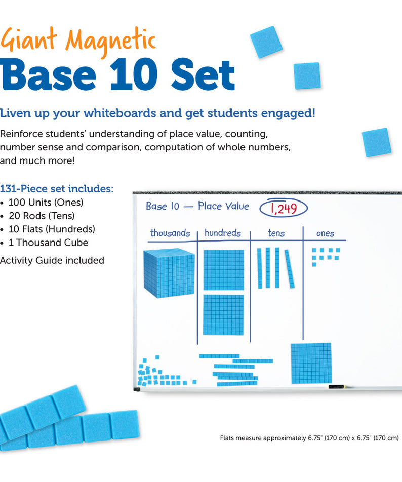 Learning Resources Giant Magnetic Base Ten Set, Classroom Demonstration Kit for Teaching Place Value, Fractions, and Decimals, 131-Piece Maths Manipulative Set