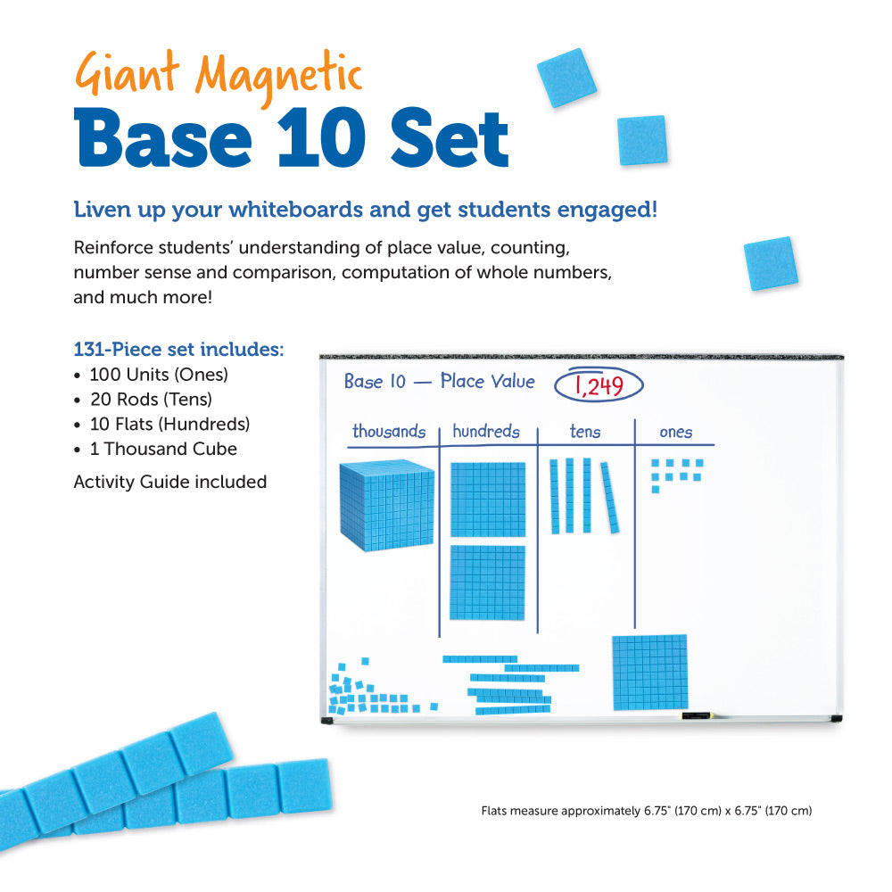 Learning Resources Giant Magnetic Base Ten Set, Classroom Demonstration Kit for Teaching Place Value, Fractions, and Decimals, 131-Piece Maths Manipulative Set