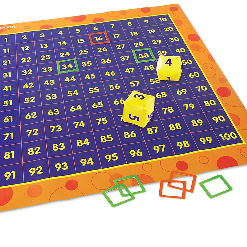 Learning Resources Hip Hoppin' Hundred Mat Activity Set, Giant Floor Mat for Counting and Number Patterns, Includes 2 Inflatable Cubes and 54 Number Frames, Maths Game for Ages 5+