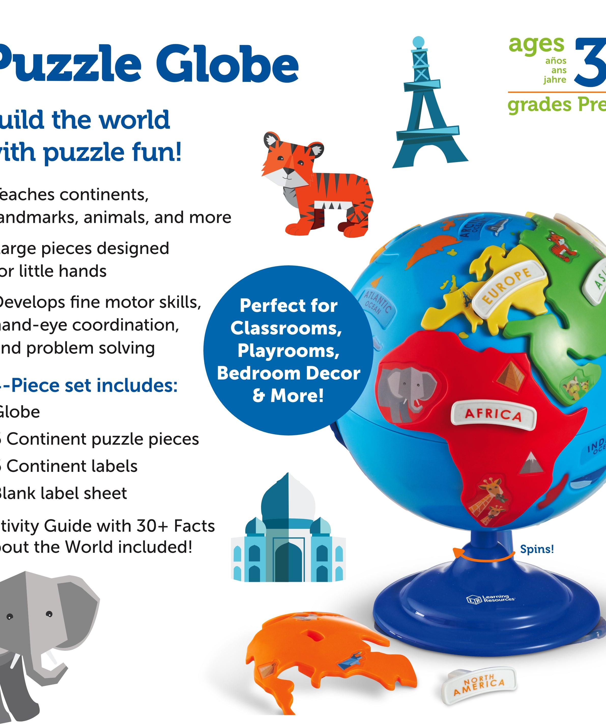 Learning Resources Puzzle Globe for Kids, Interactive Geography Toy with Removable Continents, Landmark Details and Rotating Base, Early Learning Globe for Ages 3+