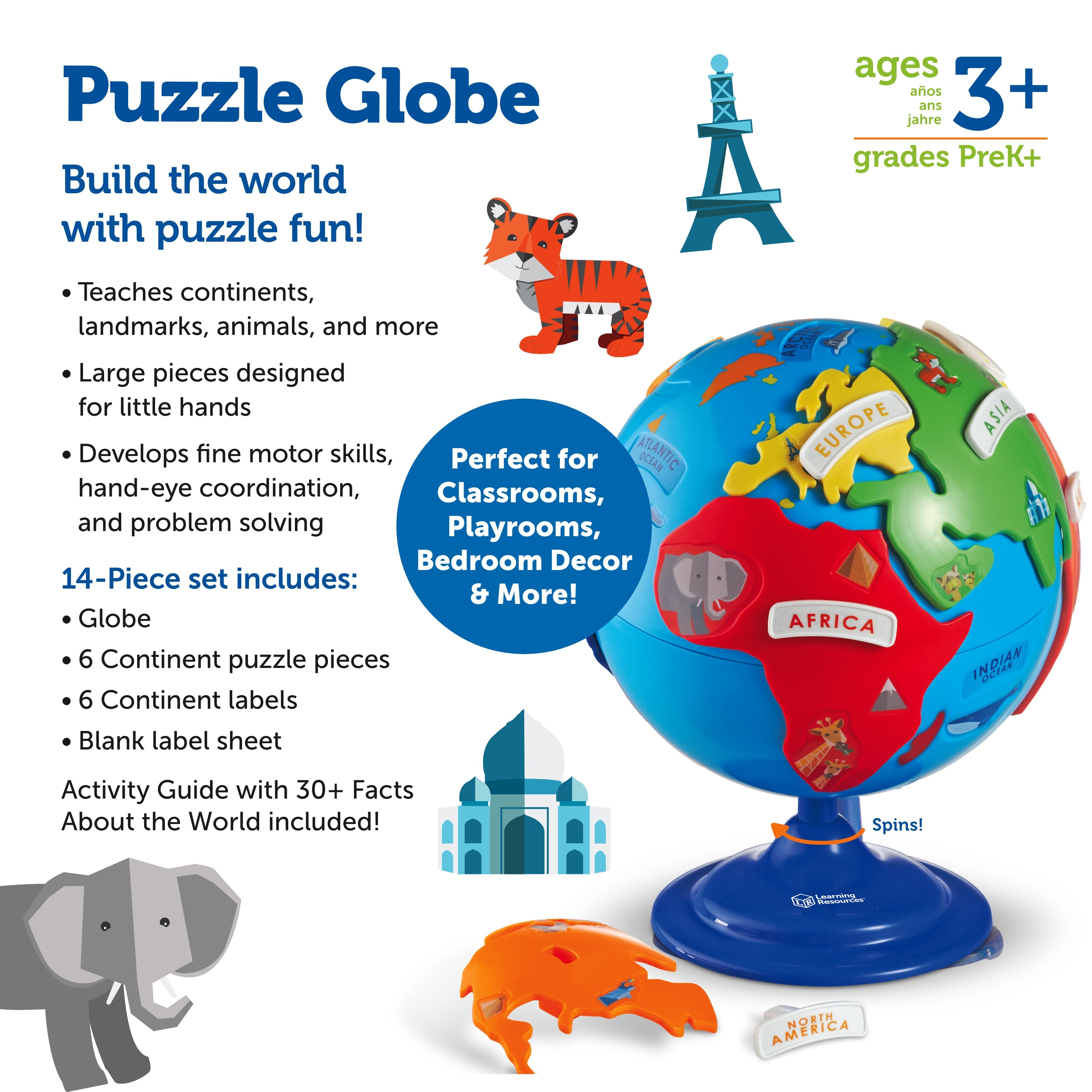 Learning Resources Puzzle Globe for Kids, Interactive Geography Toy with Removable Continents, Landmark Details and Rotating Base, Early Learning Globe for Ages 3+