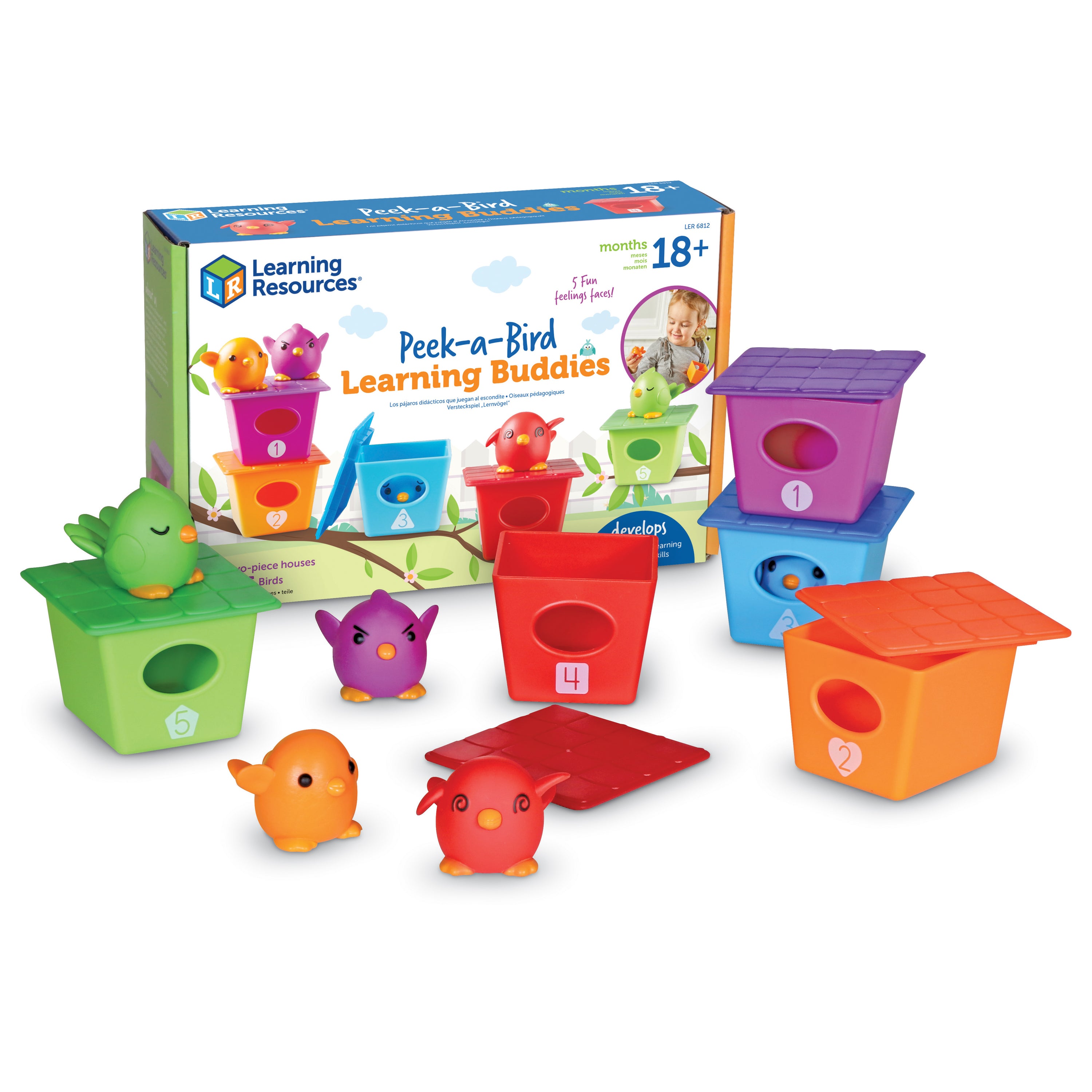 Learning Resources Peek-a-Bird Learning Buddies, Educational Toddler Toy with 5 Bird Finger Puppets and Numbered Bird Houses, Teaches Colors, Counting, Emotions, and Fine Motor Skills, Ages 18 Months and Up