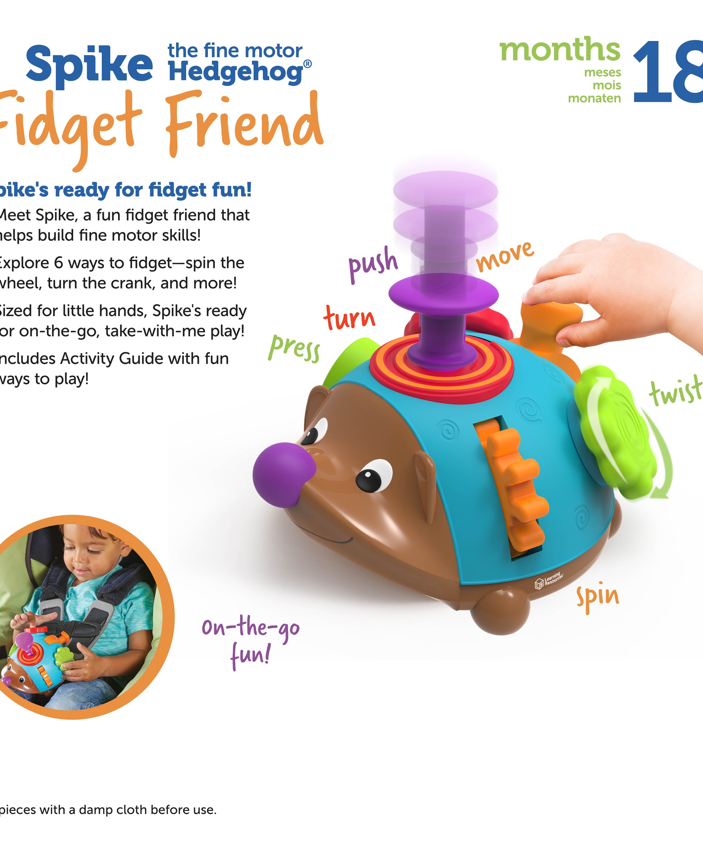 Learning Resources Spike the Fine Motor Hedgehog Fidget Friend, Toddler Fidget Toy with 6 Fine Motor Activities, Ages 18 Months+