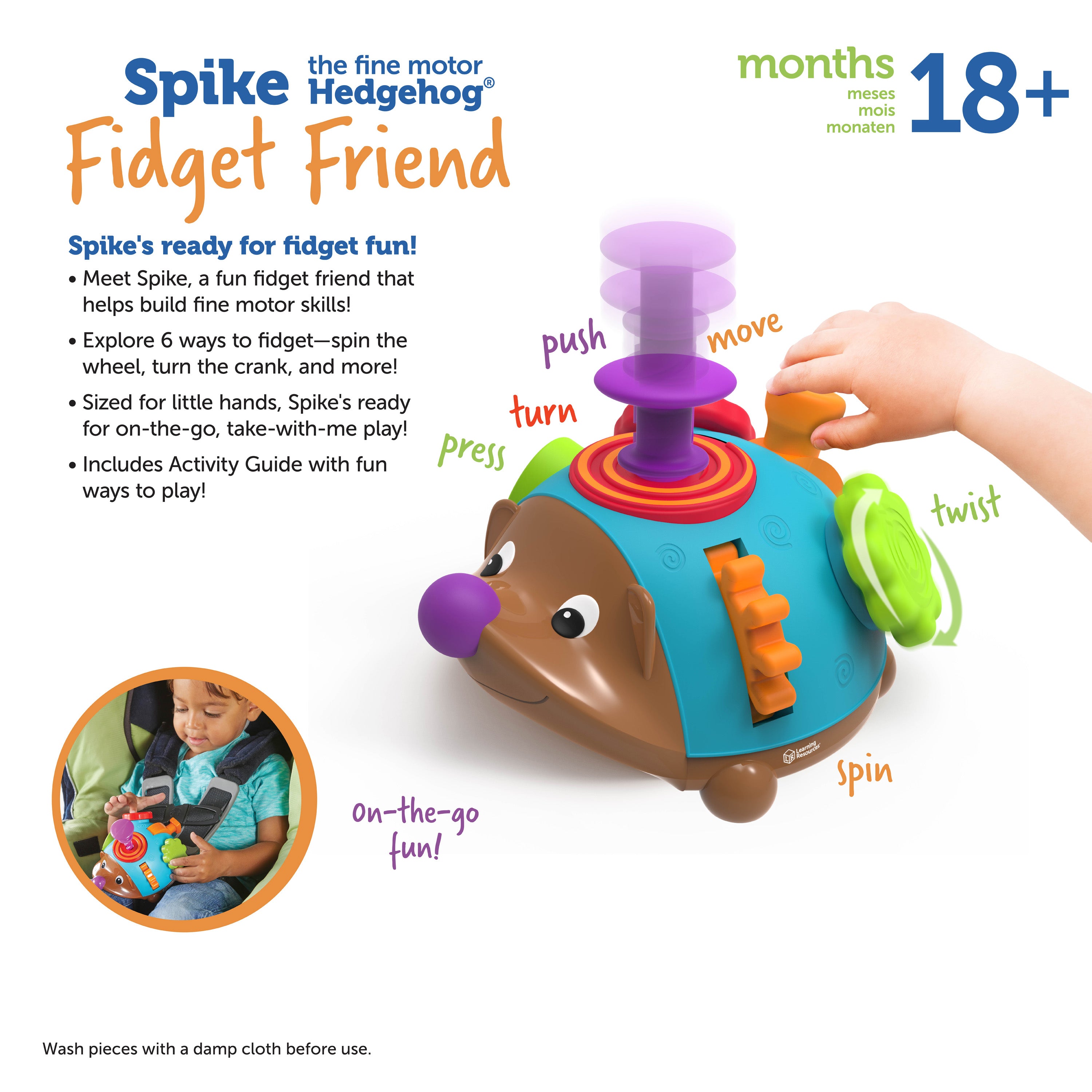 Learning Resources Spike the Fine Motor Hedgehog Fidget Friend, Toddler Fidget Toy with 6 Fine Motor Activities, Ages 18 Months+