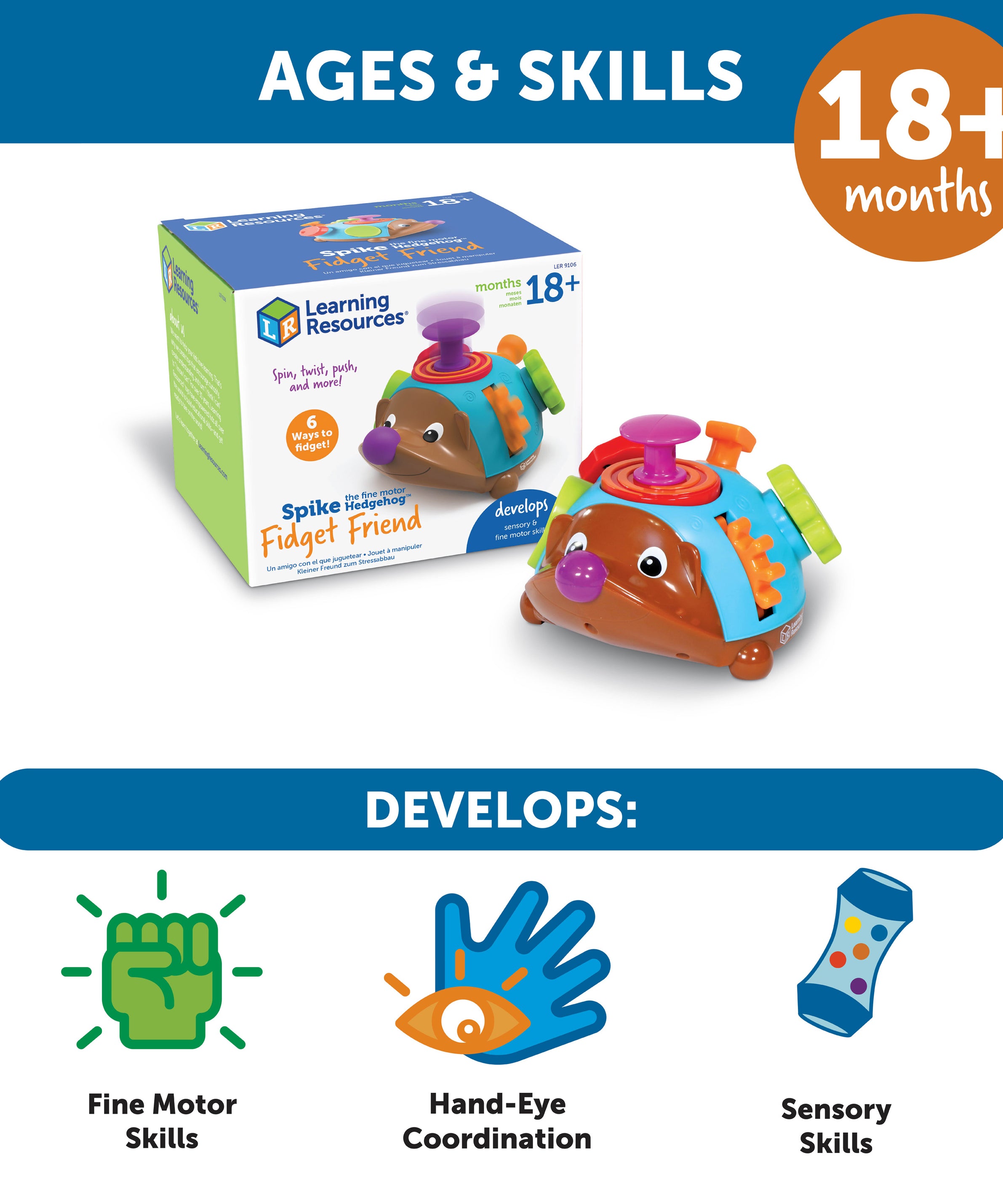Learning Resources Spike the Fine Motor Hedgehog Fidget Friend, Toddler Fidget Toy with 6 Fine Motor Activities, Ages 18 Months+