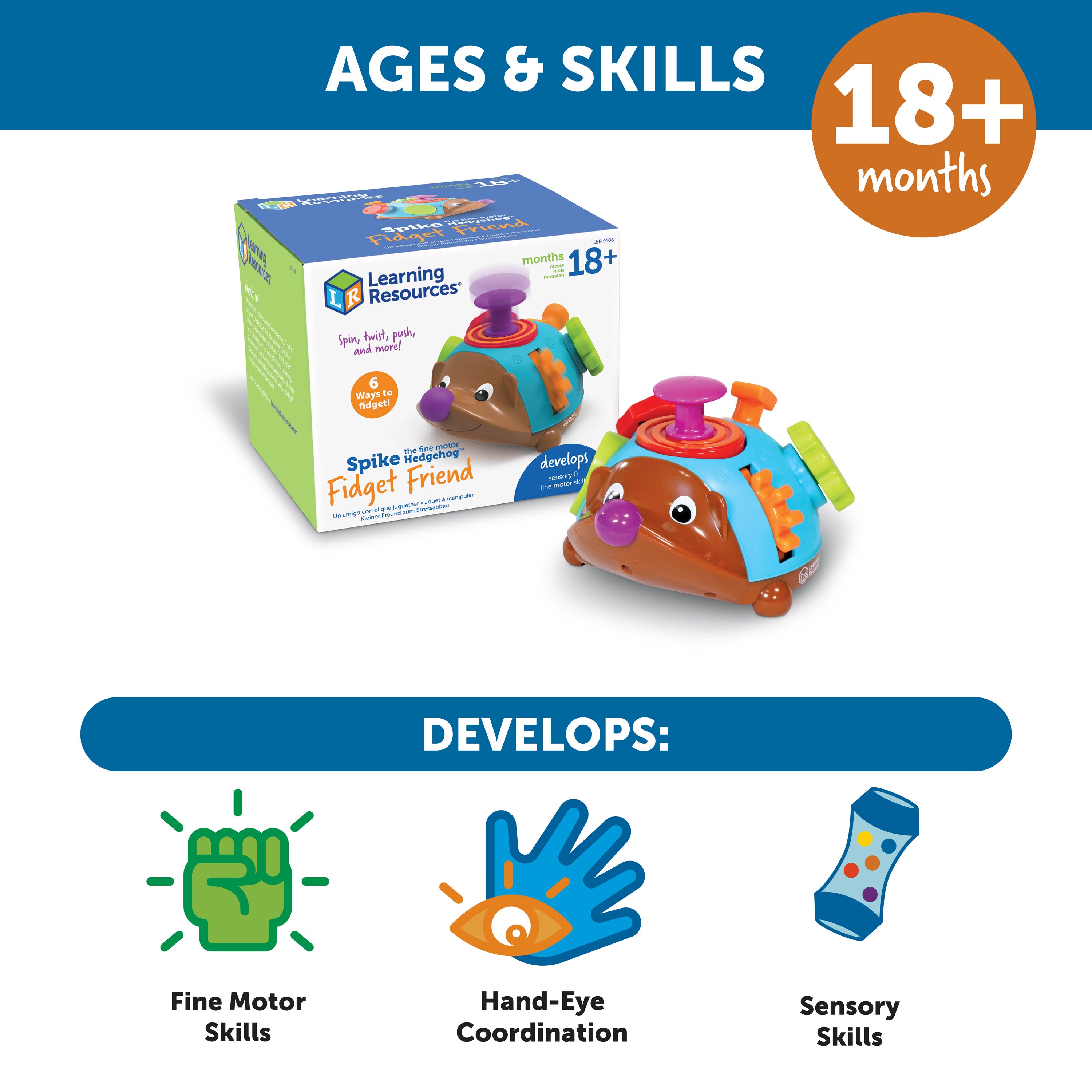 Learning Resources Spike the Fine Motor Hedgehog Fidget Friend, Toddler Fidget Toy with 6 Fine Motor Activities, Ages 18 Months+