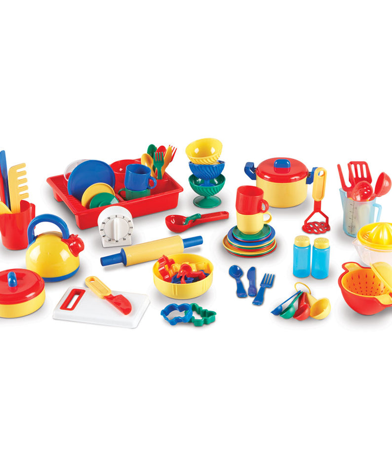 Learning Resources Kitchen Set, 70+ Piece Pretend Play Cooking Set, Durable Plastic Toy Pots, Pans, Utensils & More, Ideal for Imaginative Play & Small Group Activities, Ages 3+
