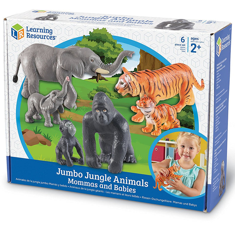 Learning Resources Jumbo Jungle Animals Mommas and Babies, 6 Piece Pretend Play Animal Set with Storage Box, Ages 2 Plus